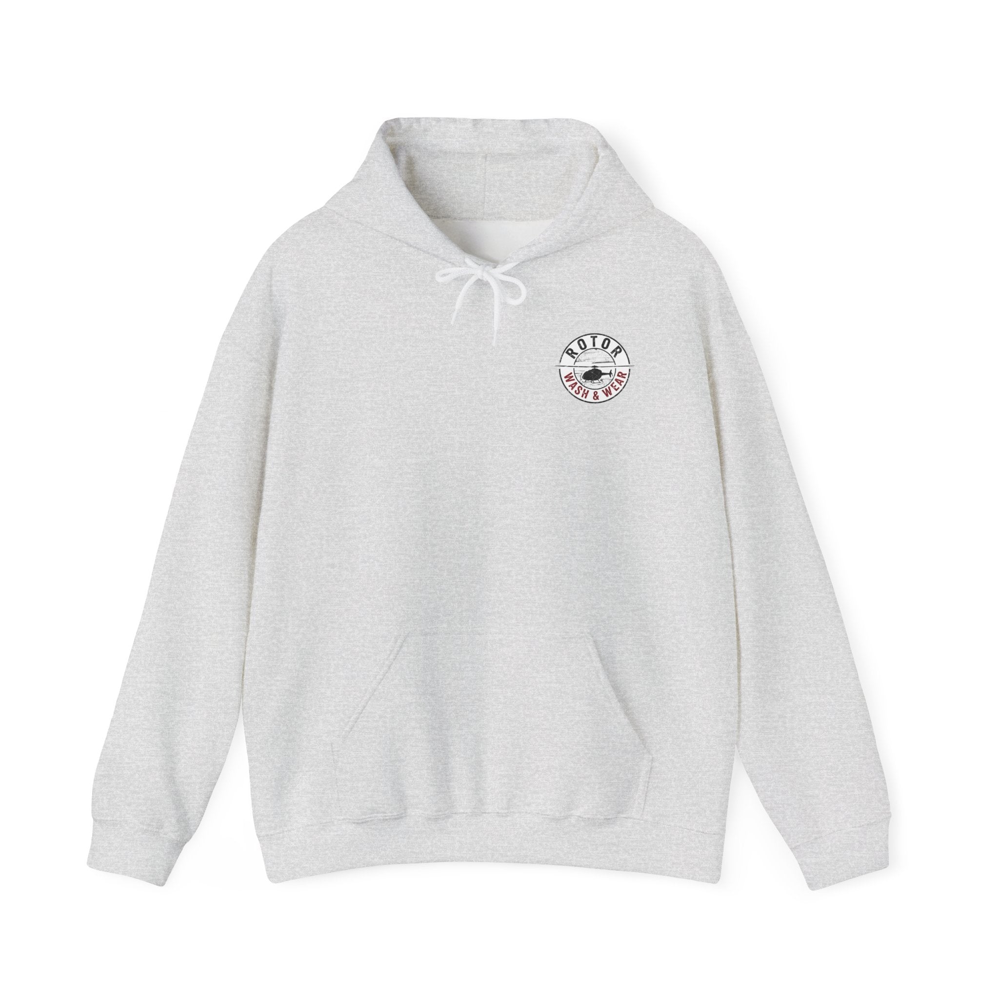 Gray hoodie with a Rotor Wash & Wear logo on the chest against a white background