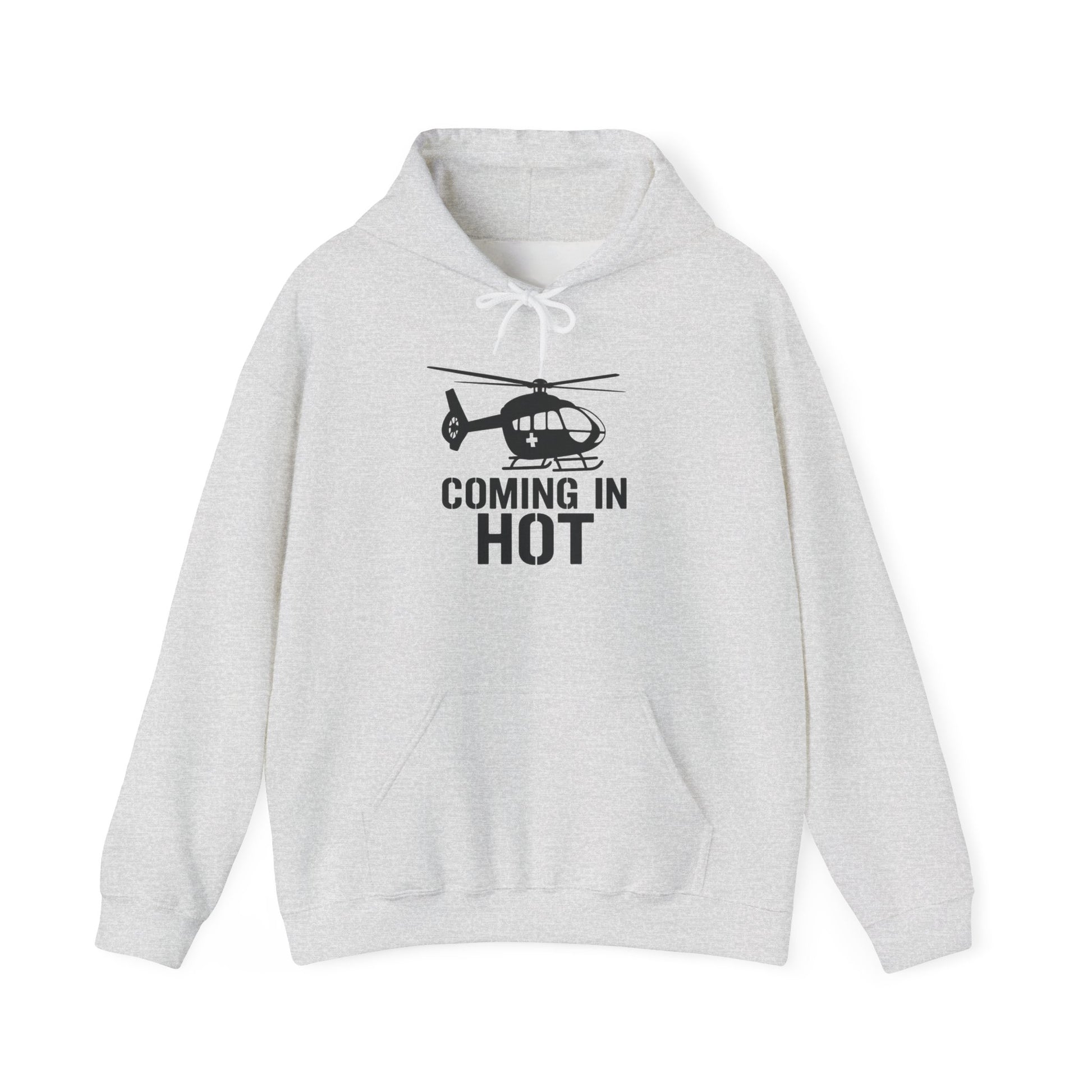Gray hoodie with helicopter graphic and 'Coming in Hot' text on a white background