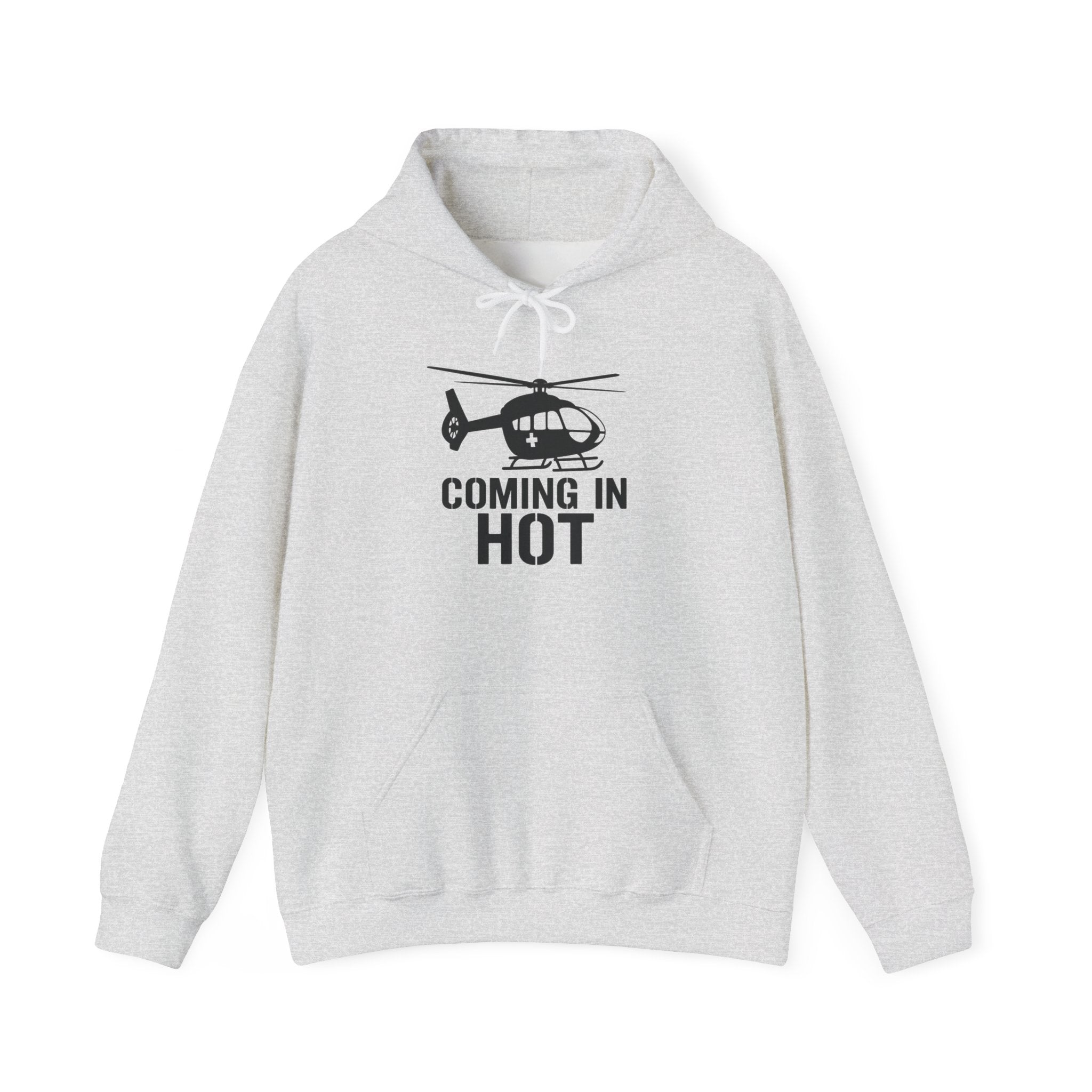 Gray hoodie with helicopter graphic and 'Coming in Hot' text on a white background