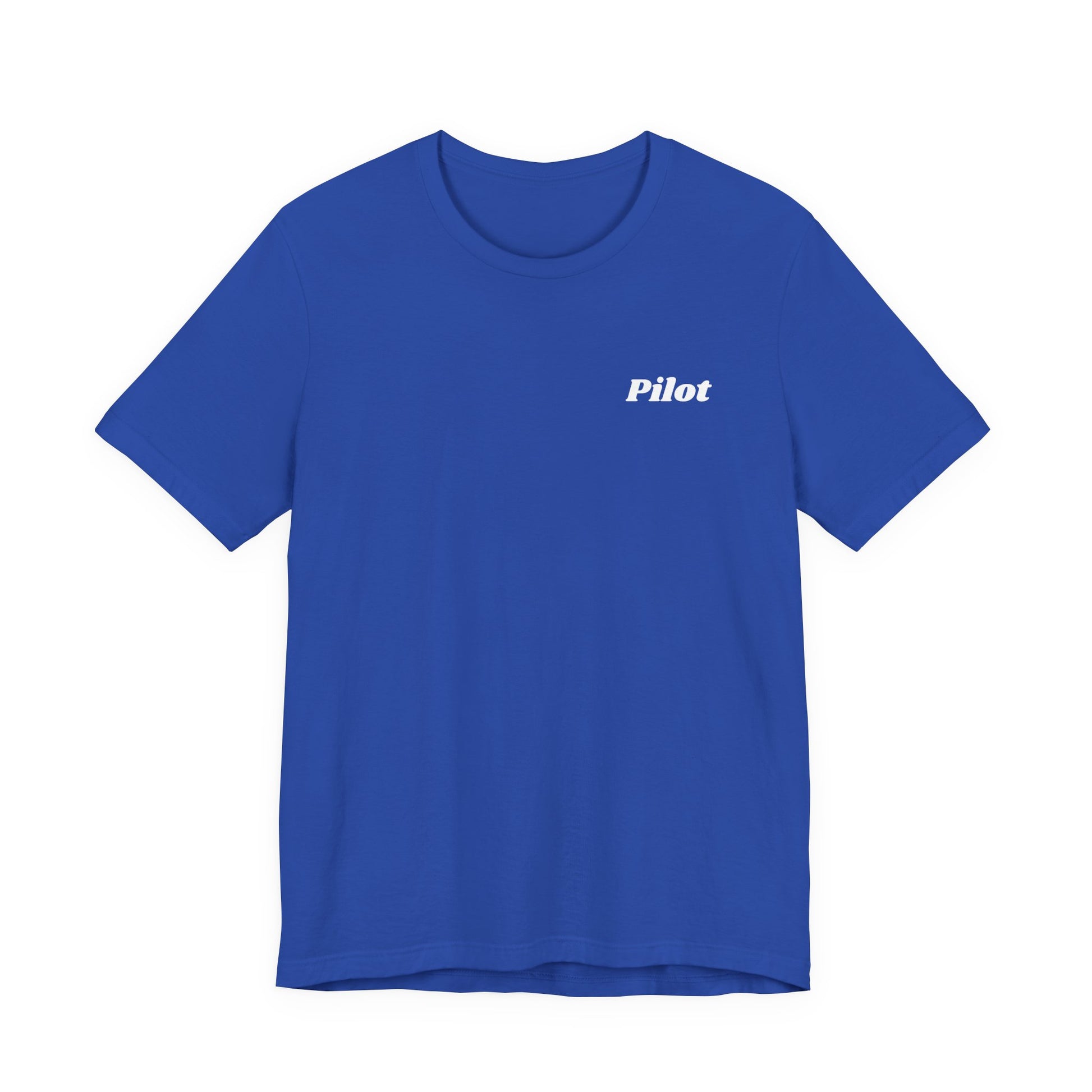 Blue t-shirt with 'Pilot' text on a white background