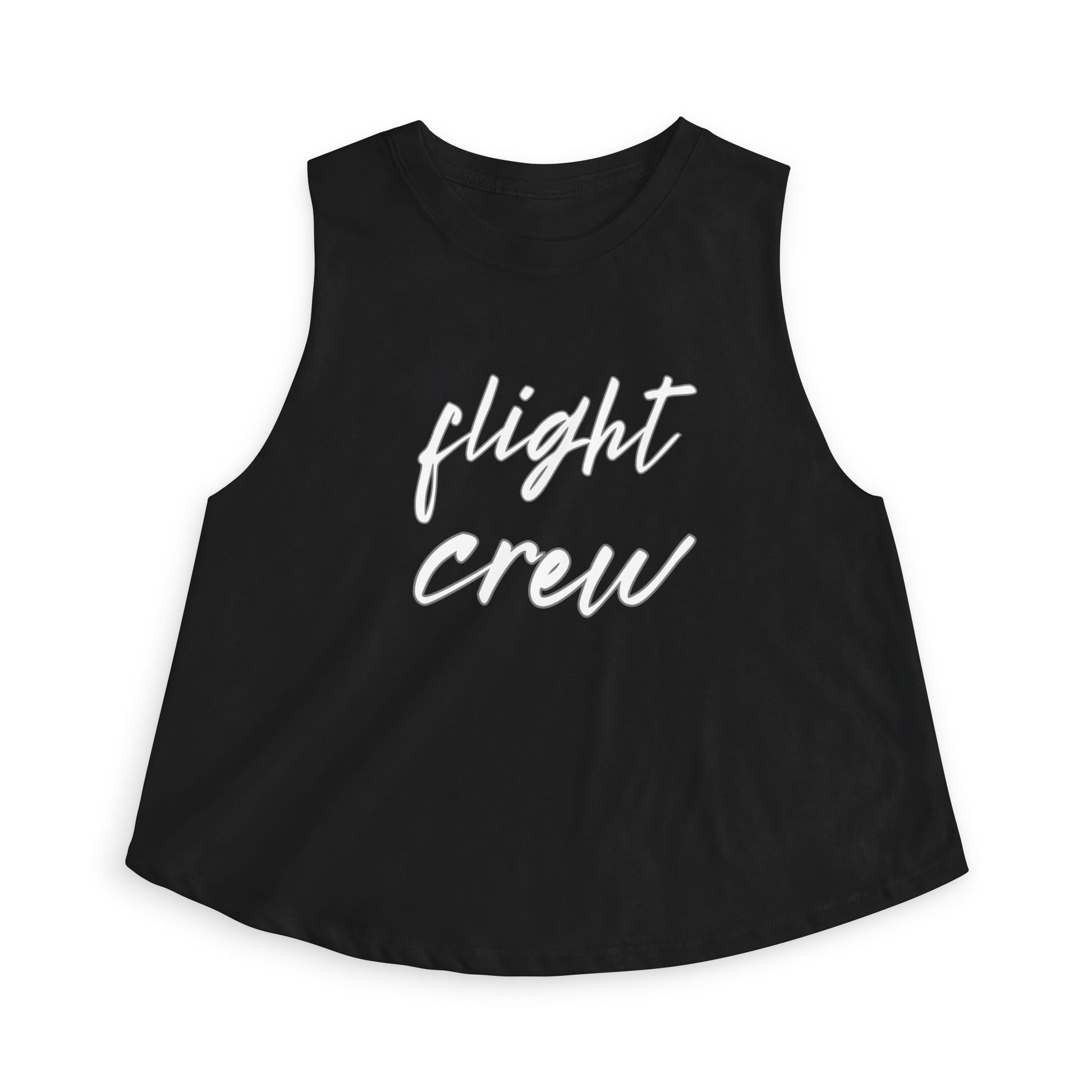Black sleeveless top with 'flight crew' text in white by Rotor Wash & Wear
