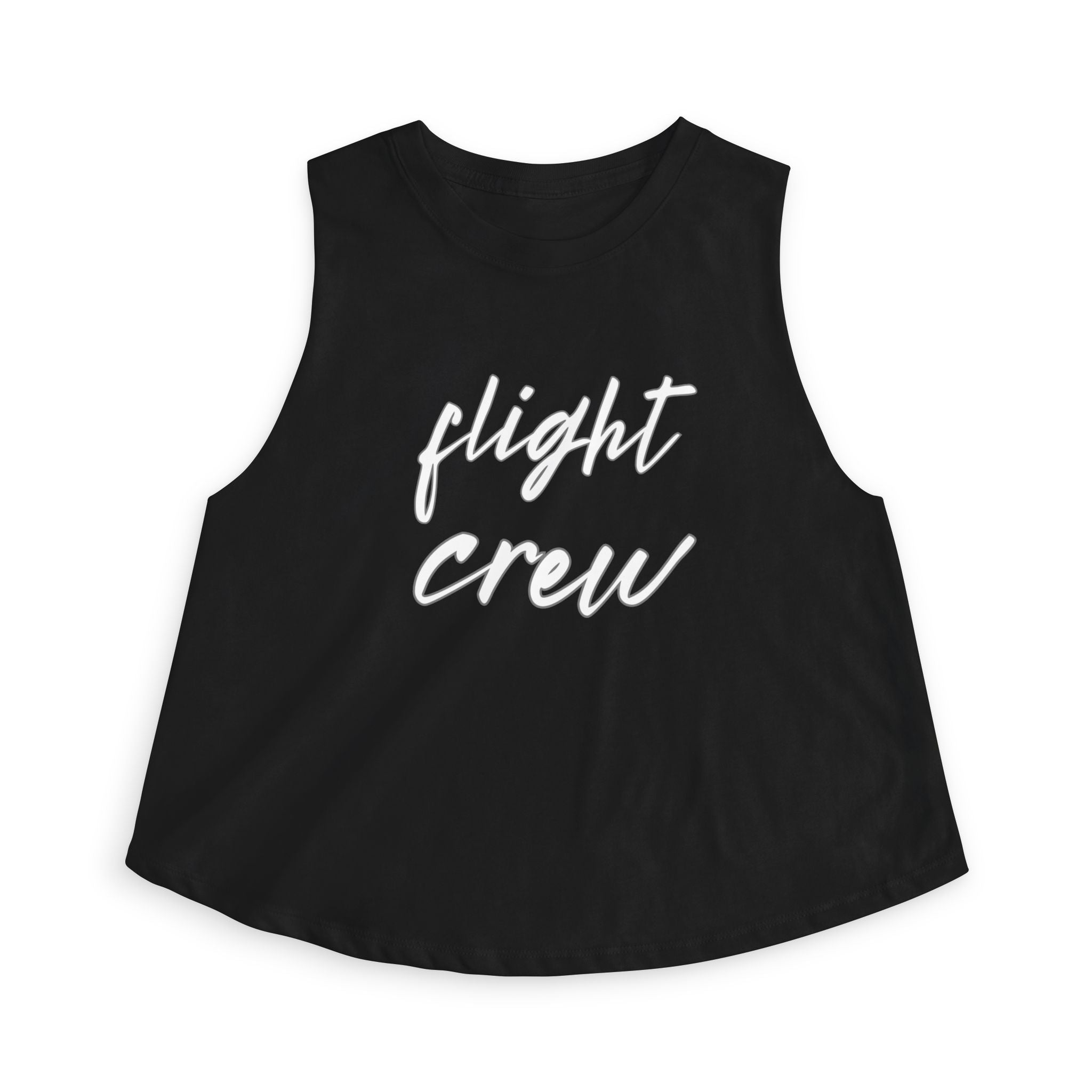 Black sleeveless top with 'flight crew' text in white by Rotor Wash & Wear
