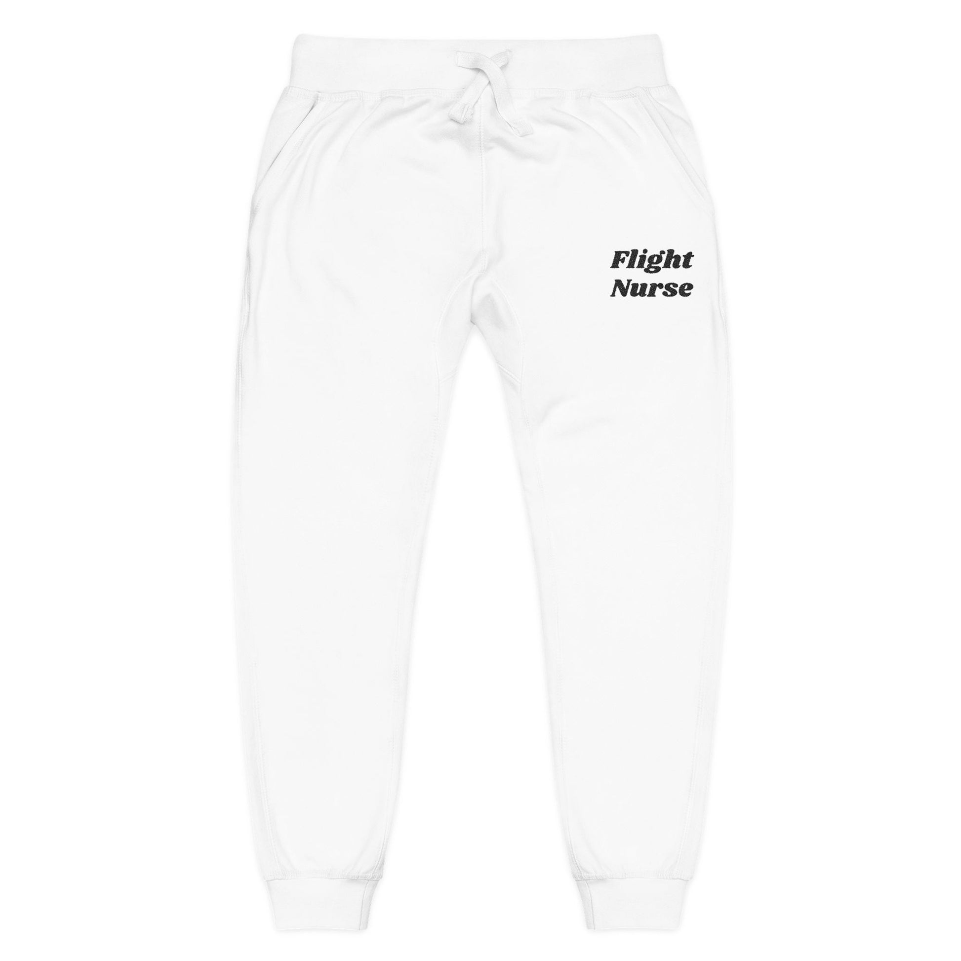 White  joggers with 'Flight Nurse' embroidered text on a white background