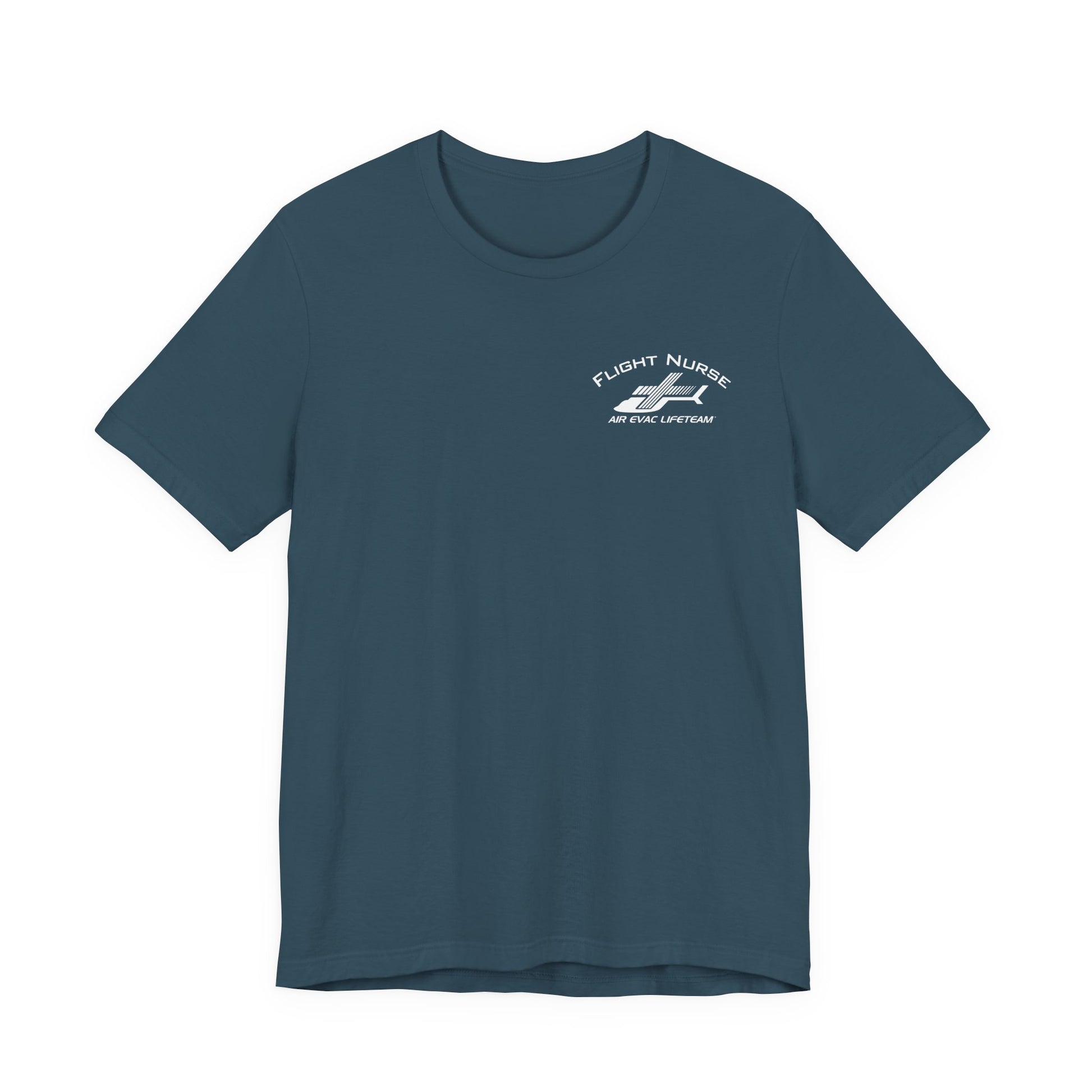 Deep teal t-shirt with small 'Flight Nurse" text and Air Evac Lifeteam' logo on the left chest by Rotor Wash & Wear
