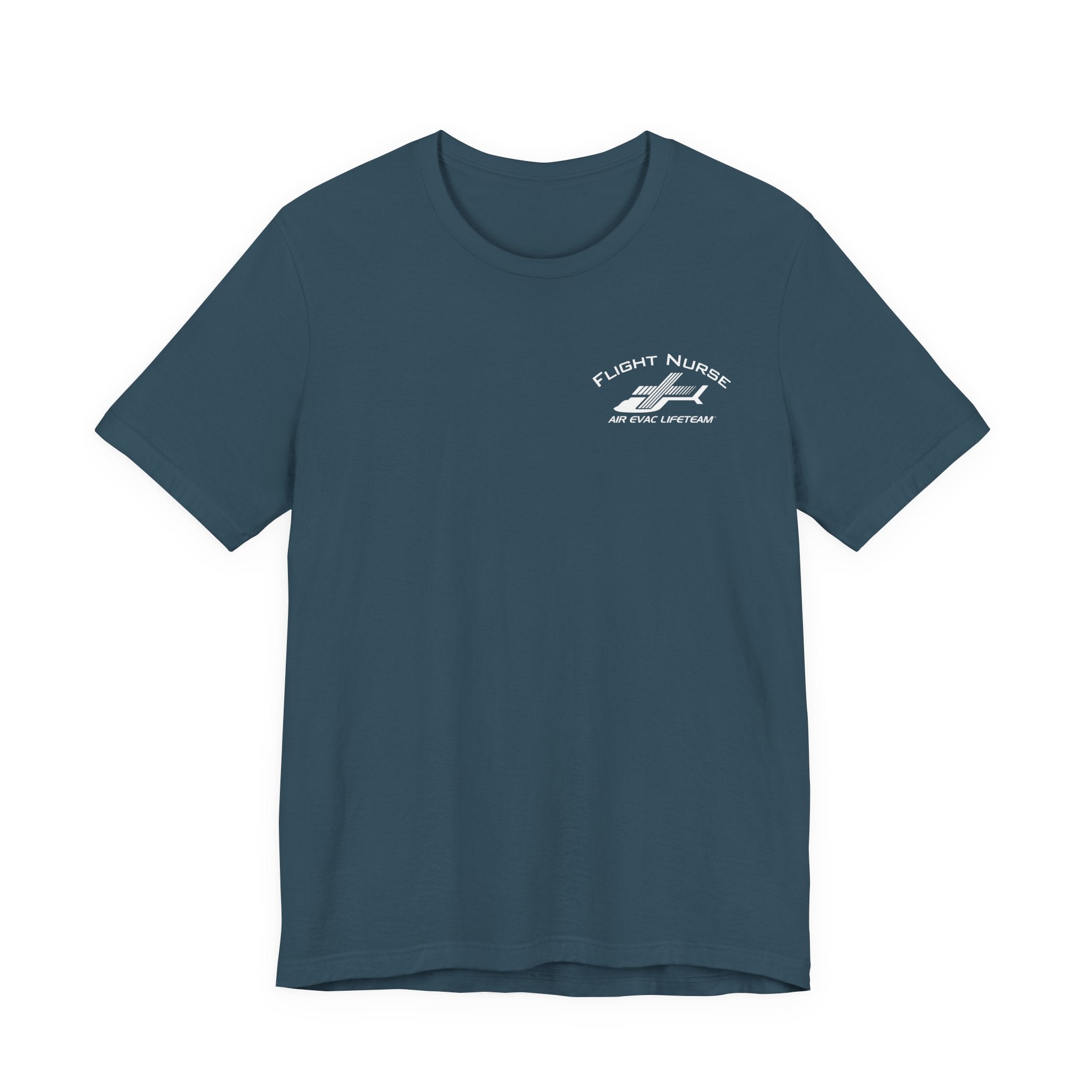Deep teal t-shirt with small 'Flight Nurse" text and Air Evac Lifeteam' logo on the left chest by Rotor Wash & Wear