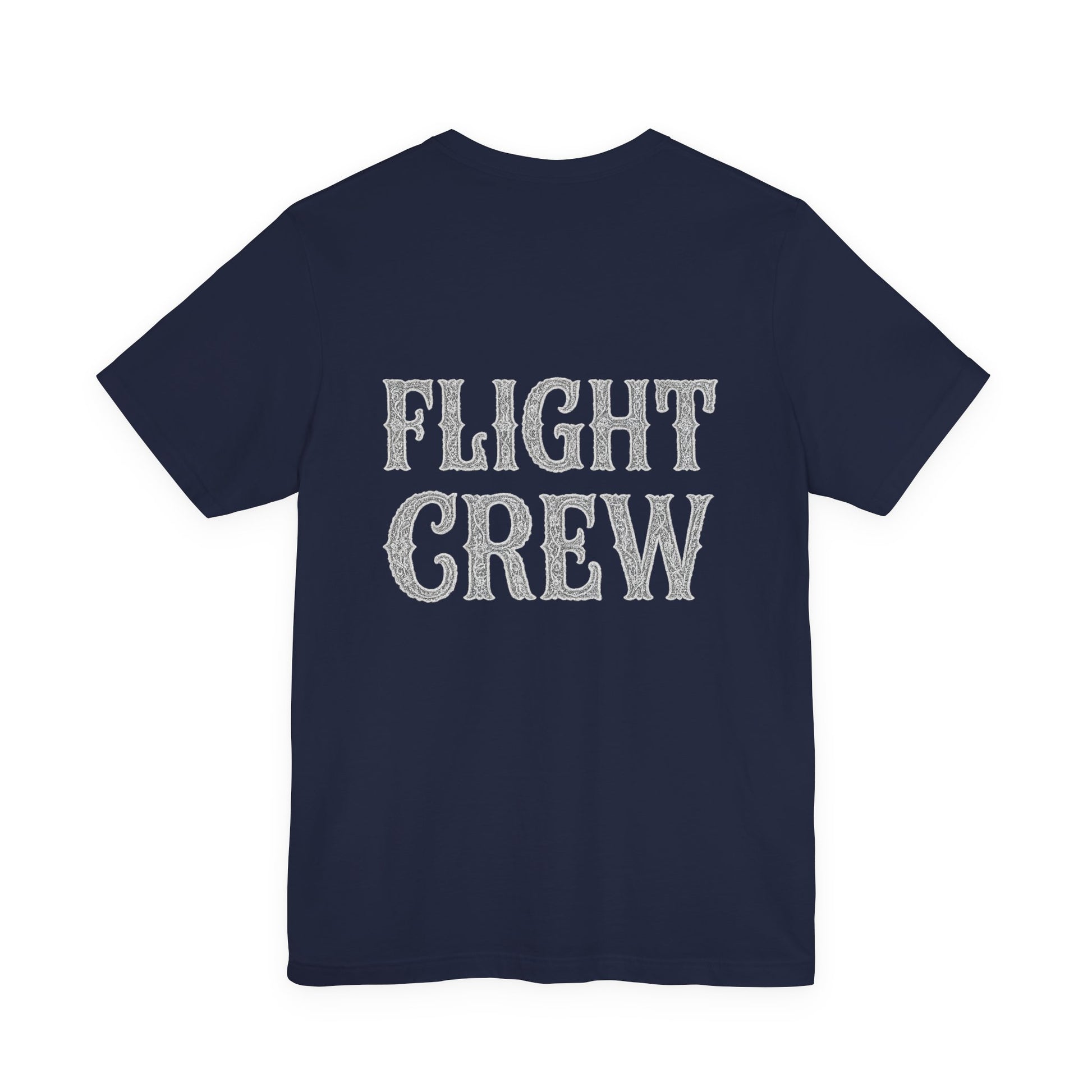 Navy blue t-shirt with lacy 'FLIGHT CREW' text on the back against a white background