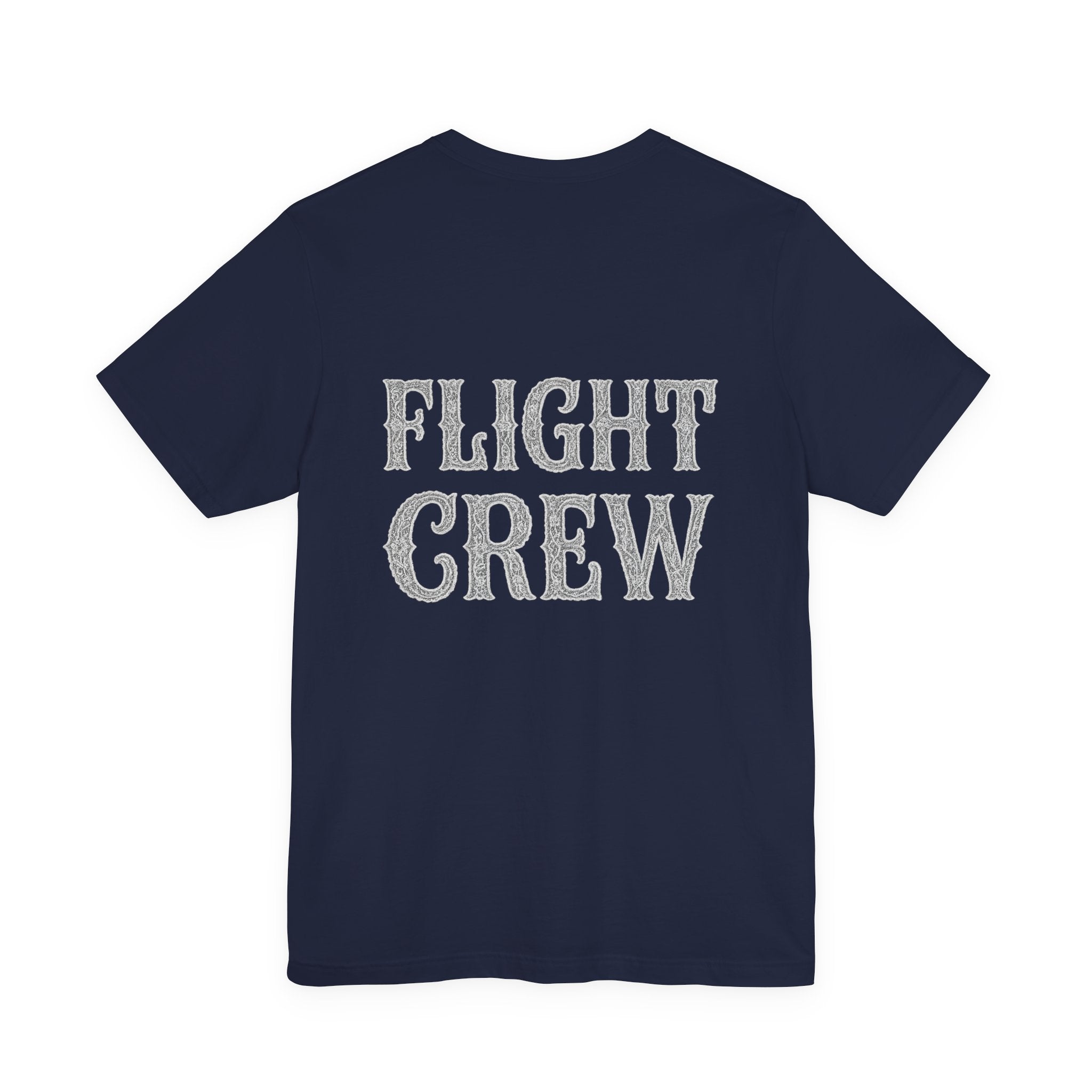 Navy blue t-shirt with lacy 'FLIGHT CREW' text on the back against a white background
