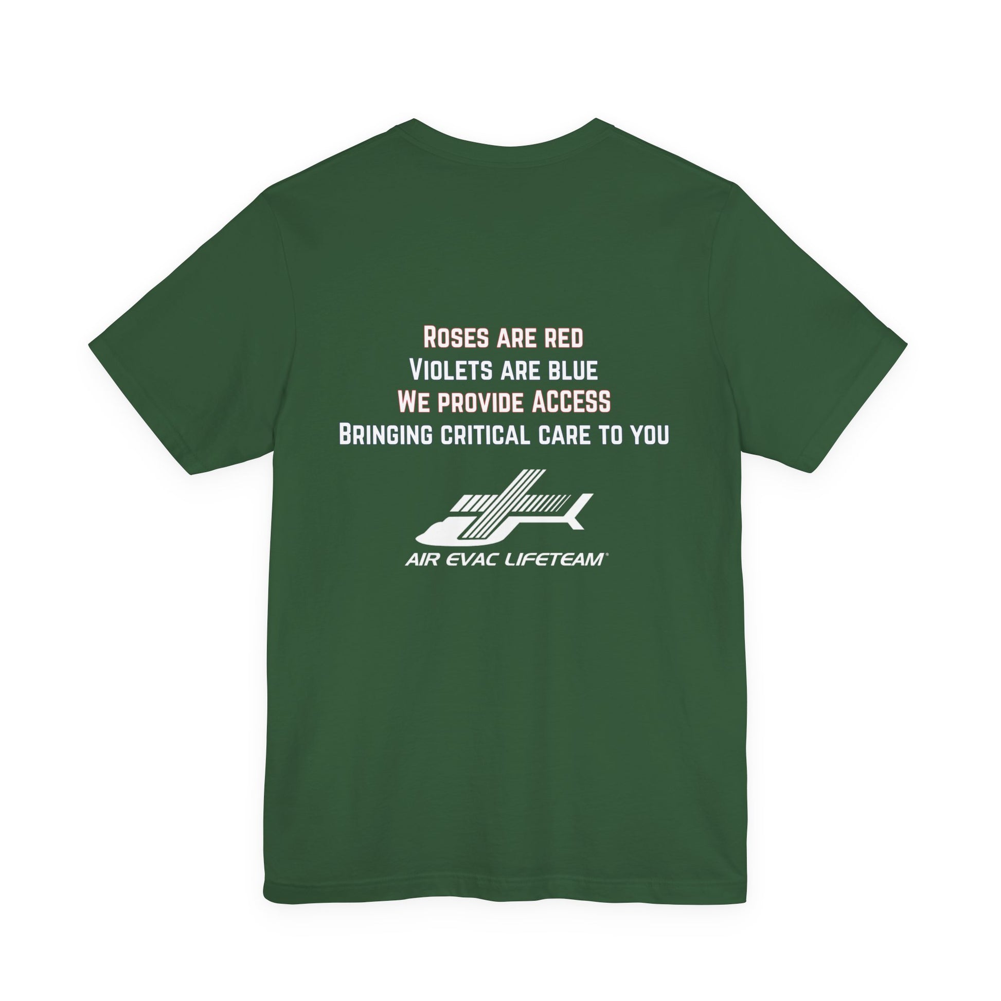 Green t-shirt with Valentine's day poem and Air Evac Lifeteam logo on a white background