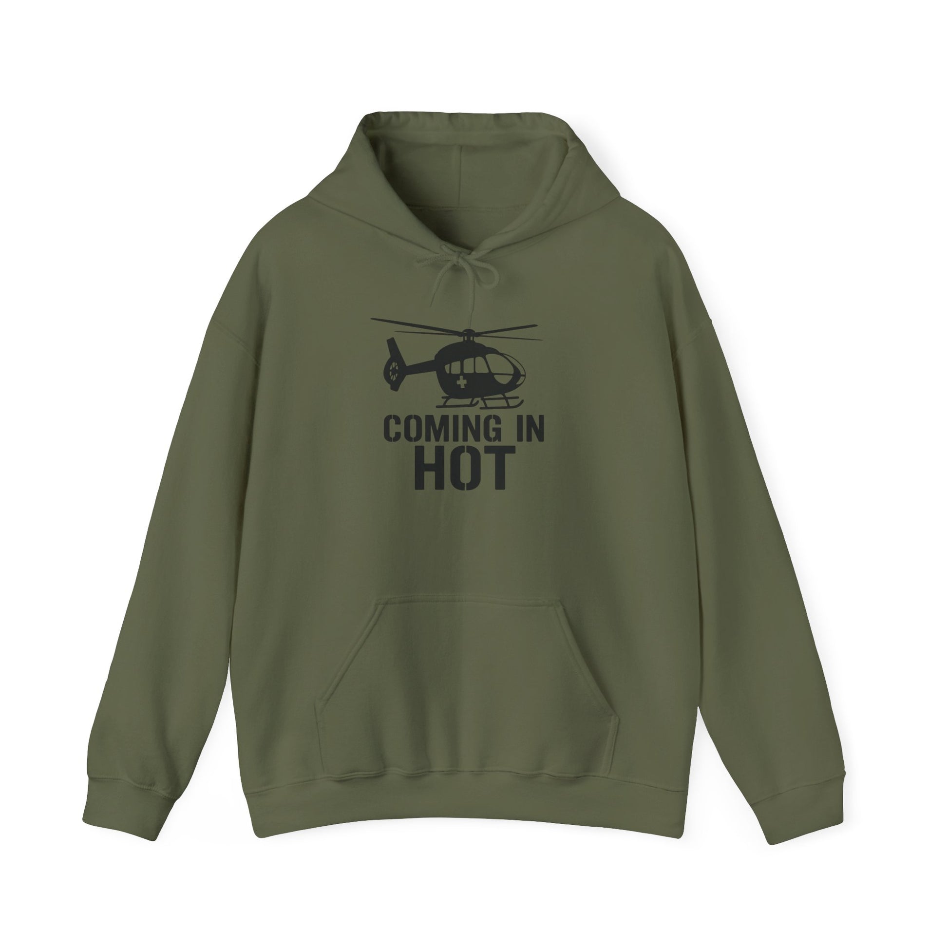 Green hoodie with helicopter graphic and text 'COMING IN HOT' on a white background