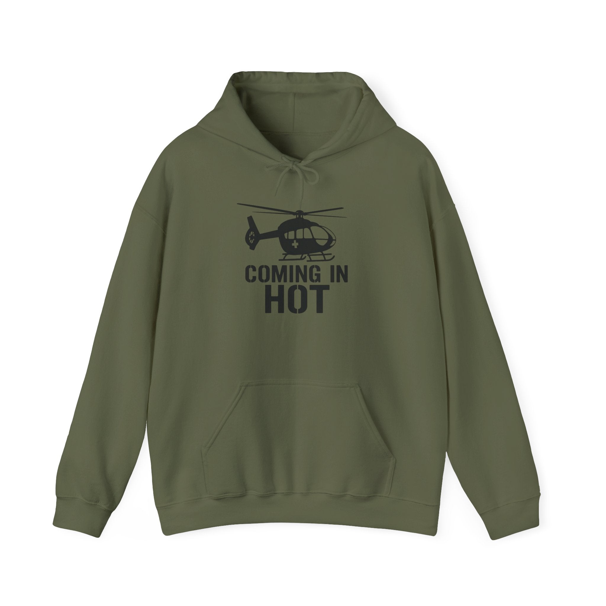 Green hoodie with helicopter graphic and text 'COMING IN HOT' on a white background