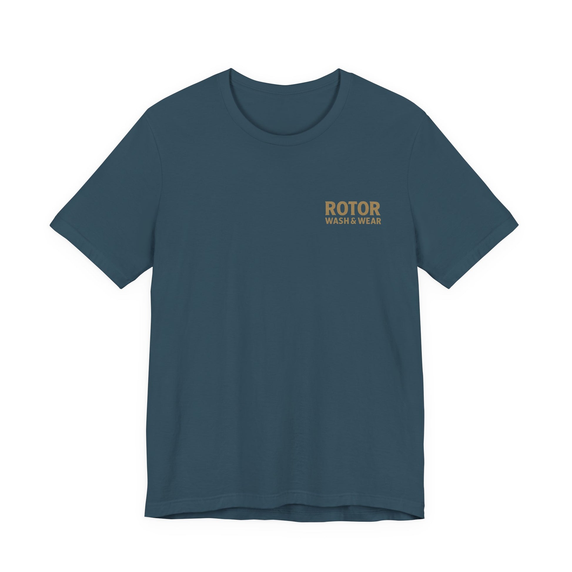 Blue t-shirt with 'Rotor Wash & Wear' text on a white background
