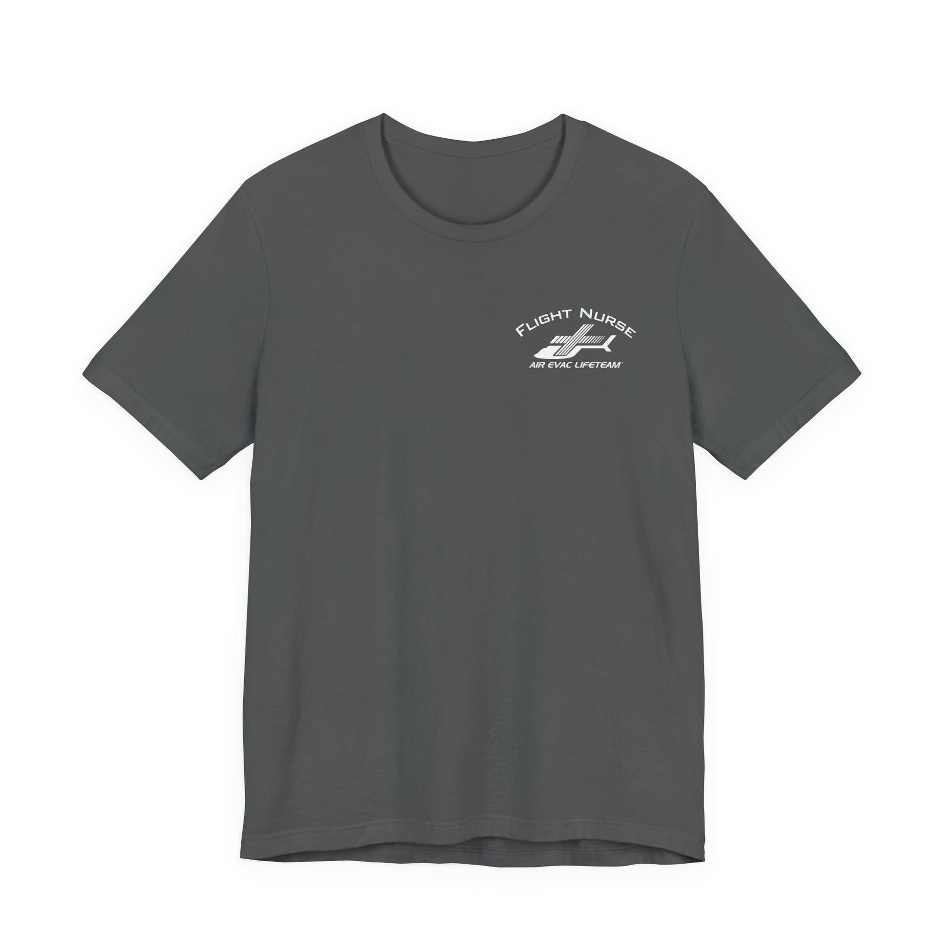 Gray t-shirt with small 'Flight Nurse" text and Air Evac Lifeteam' logo on the left chest by Rotor Wash & Wear