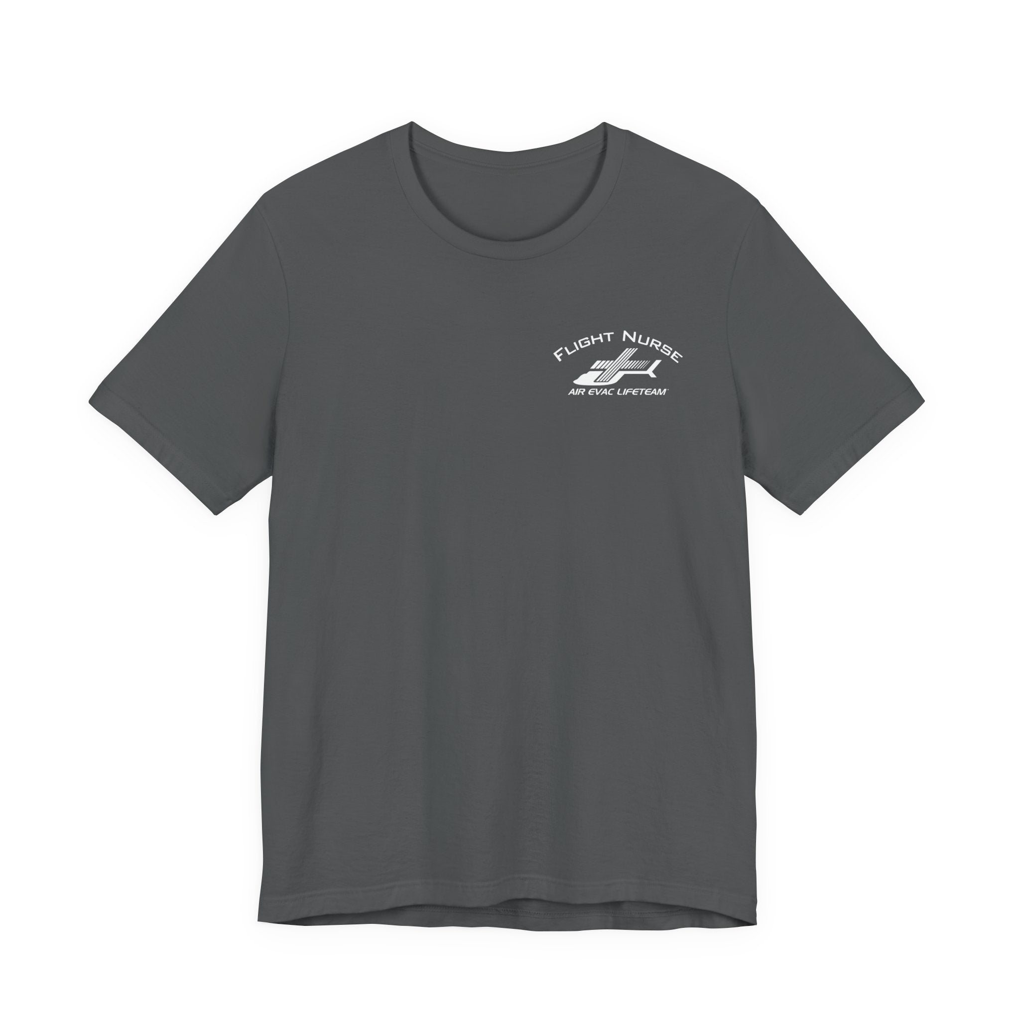 Gray t-shirt with small 'Flight Nurse" text and Air Evac Lifeteam' logo on the left chest by Rotor Wash & Wear