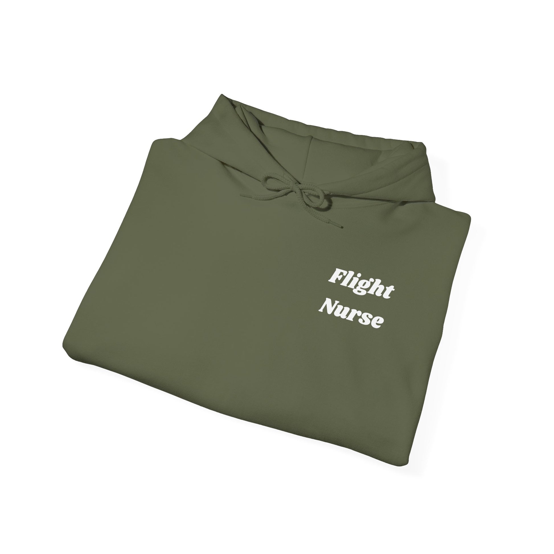 Folded olive green hoodie with 'Flight Nurse' text on a white background