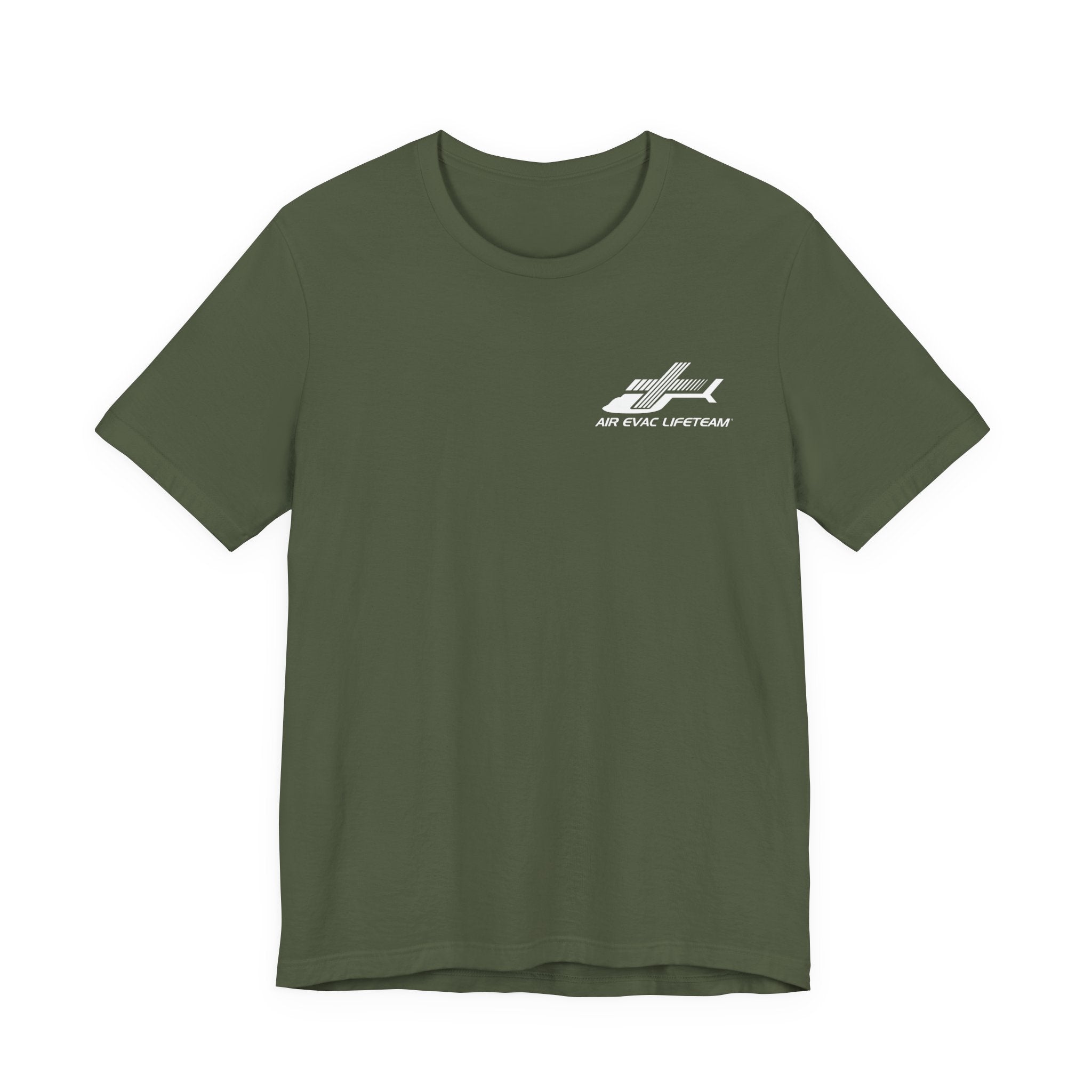 Green t-shirt with a white Air Evac Lifeteam logo on a white background