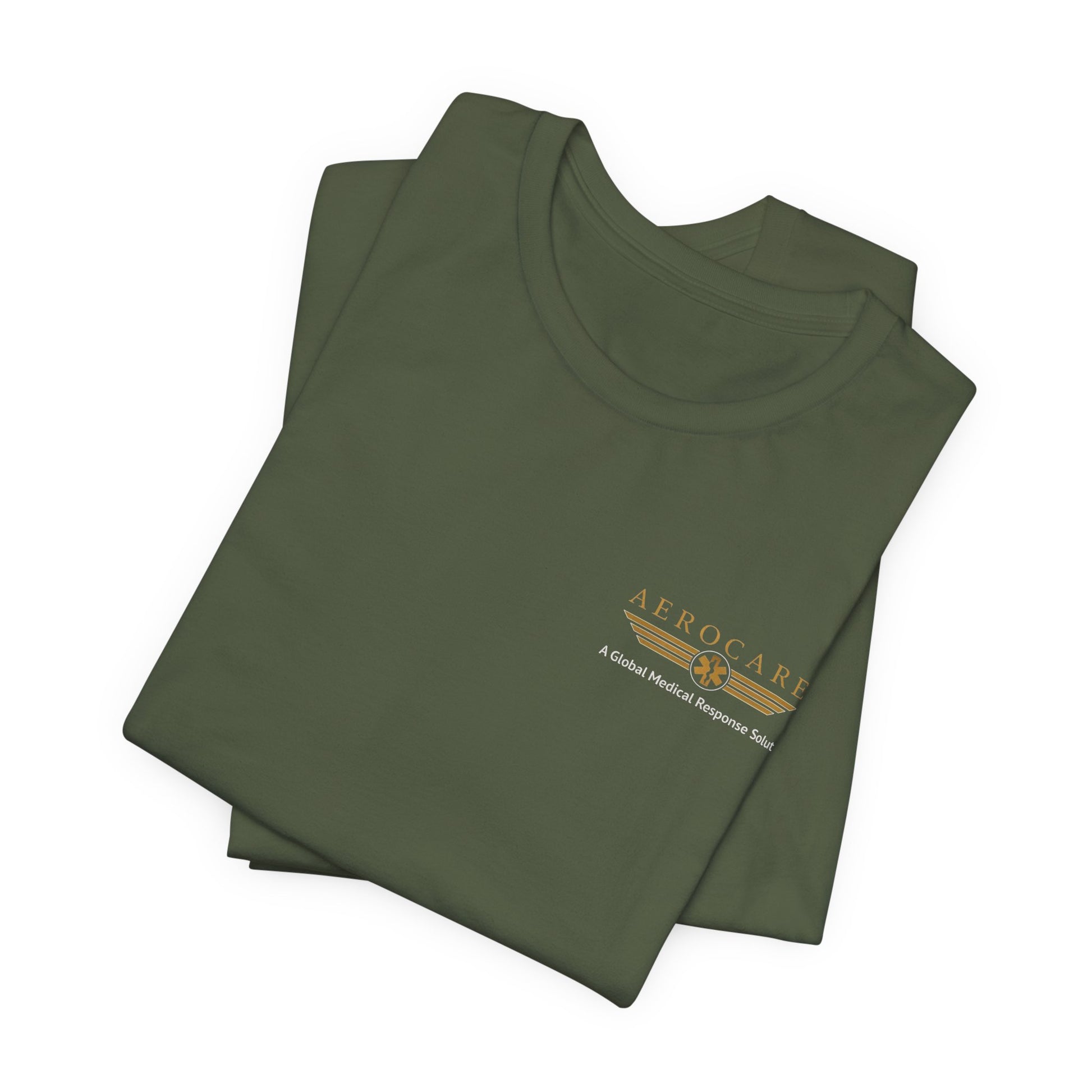 Folded green t-shirt with Aerocare logo on a white background