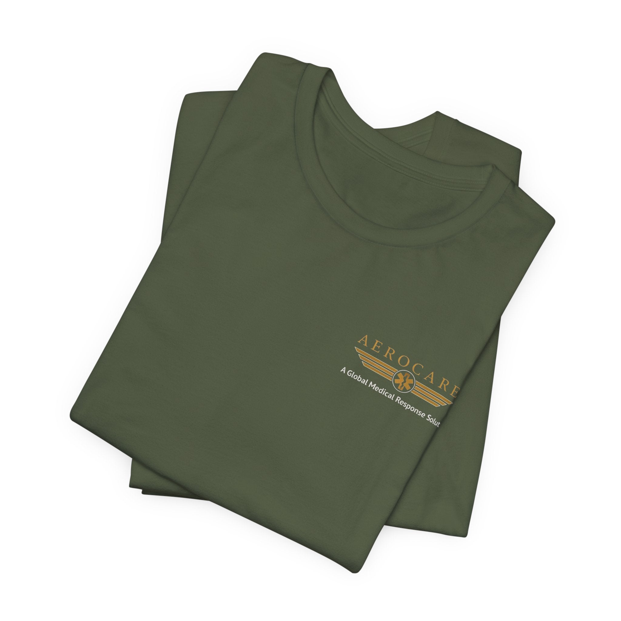 Folded green t-shirt with Aerocare logo on a white background