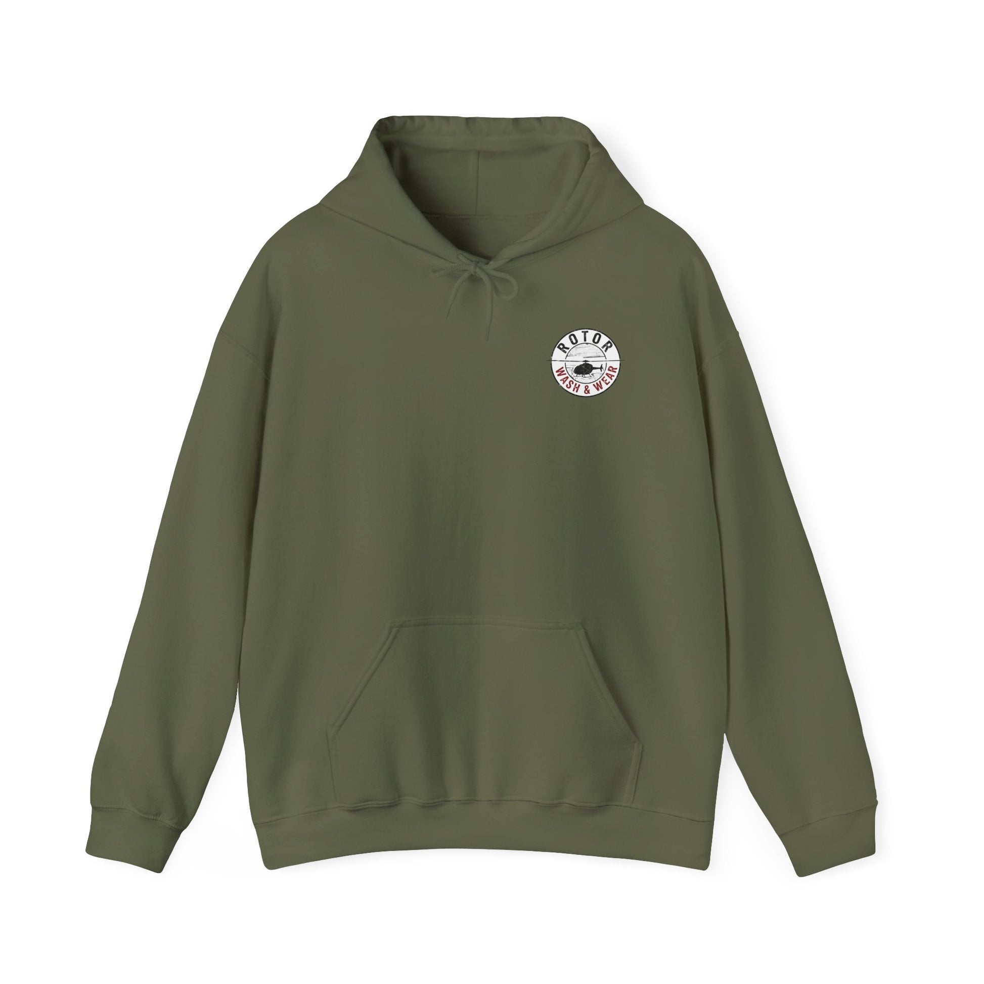Green hoodie with a Rotor Wash & Wear logo on the chest against a white background