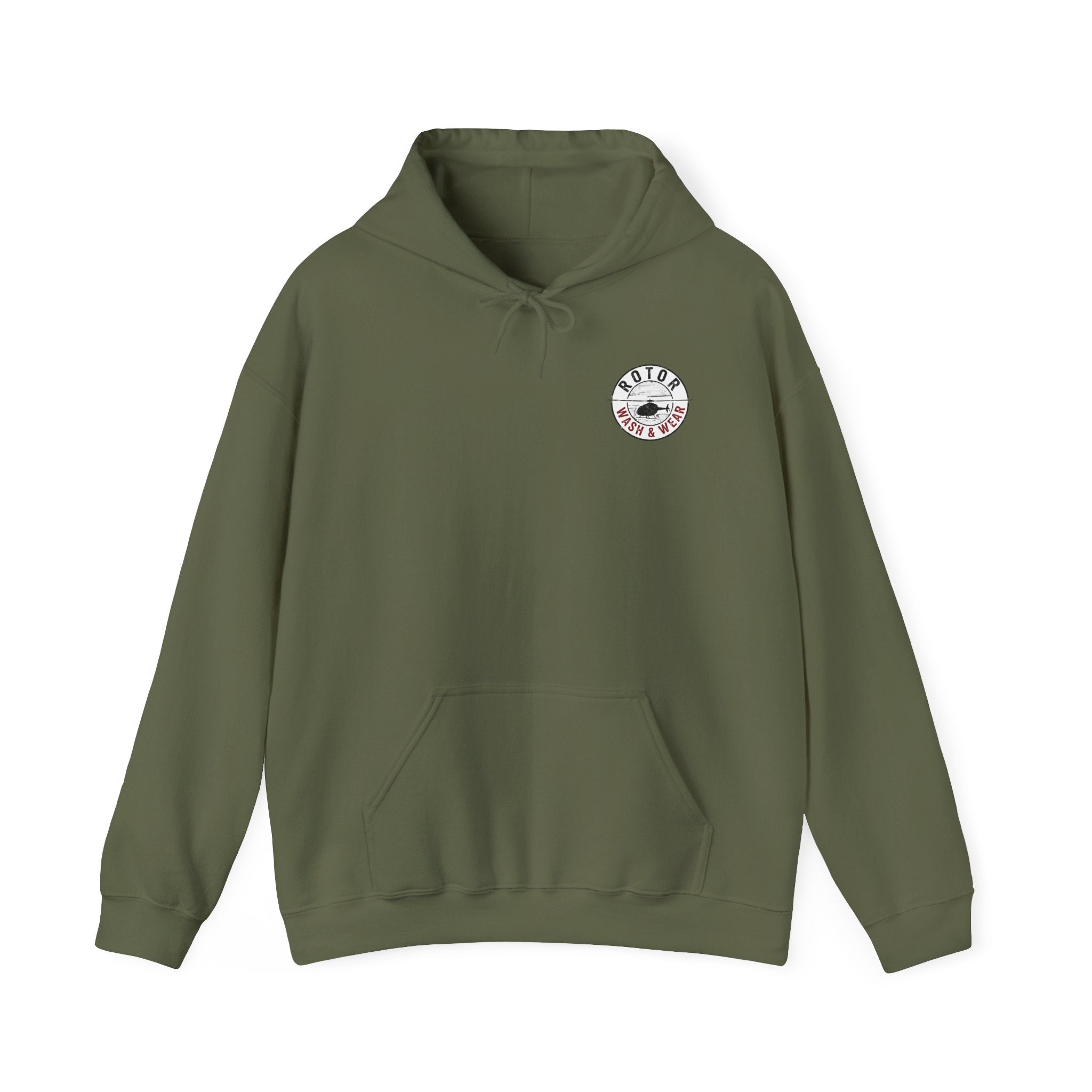 Green hoodie with a Rotor Wash & Wear logo on the chest against a white background