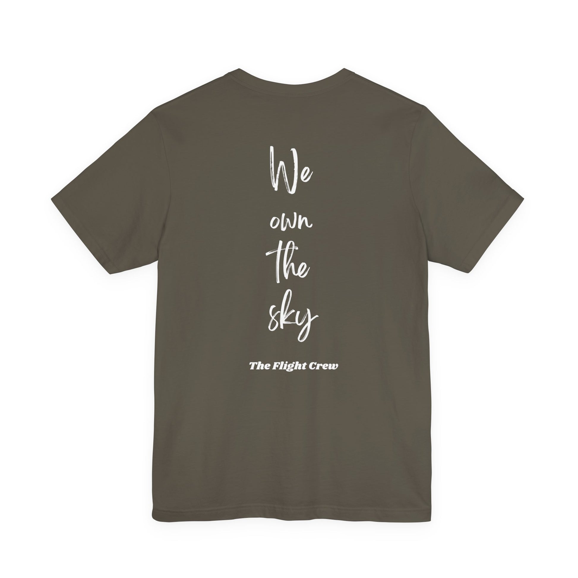 Gray t-shirt with 'We own the sky, The Flight Crew' text on the back against a white background