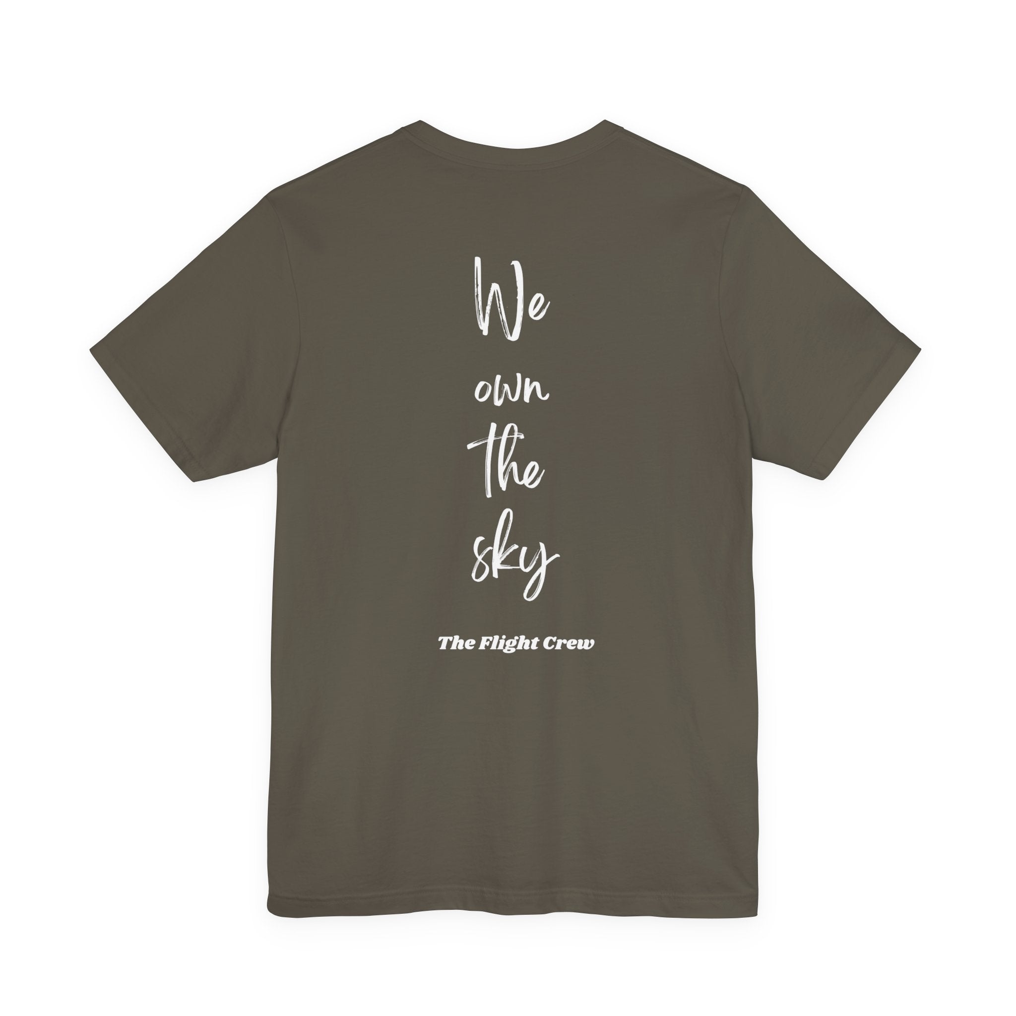 Gray t-shirt with 'We own the sky, The Flight Crew' text on the back against a white background