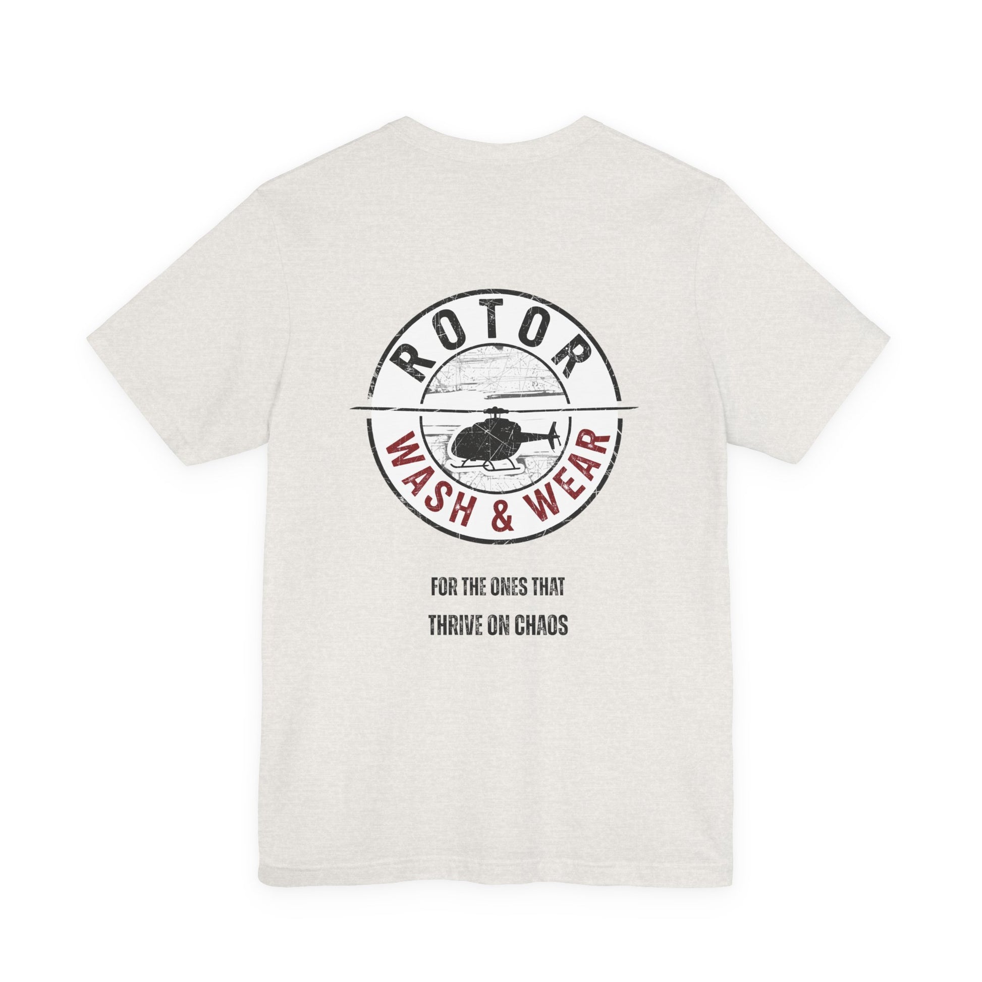 Heather Cement t-shirt with 'Rotor Wash & Wear' logo and text "For the ones that thrive on chaos" on a white background