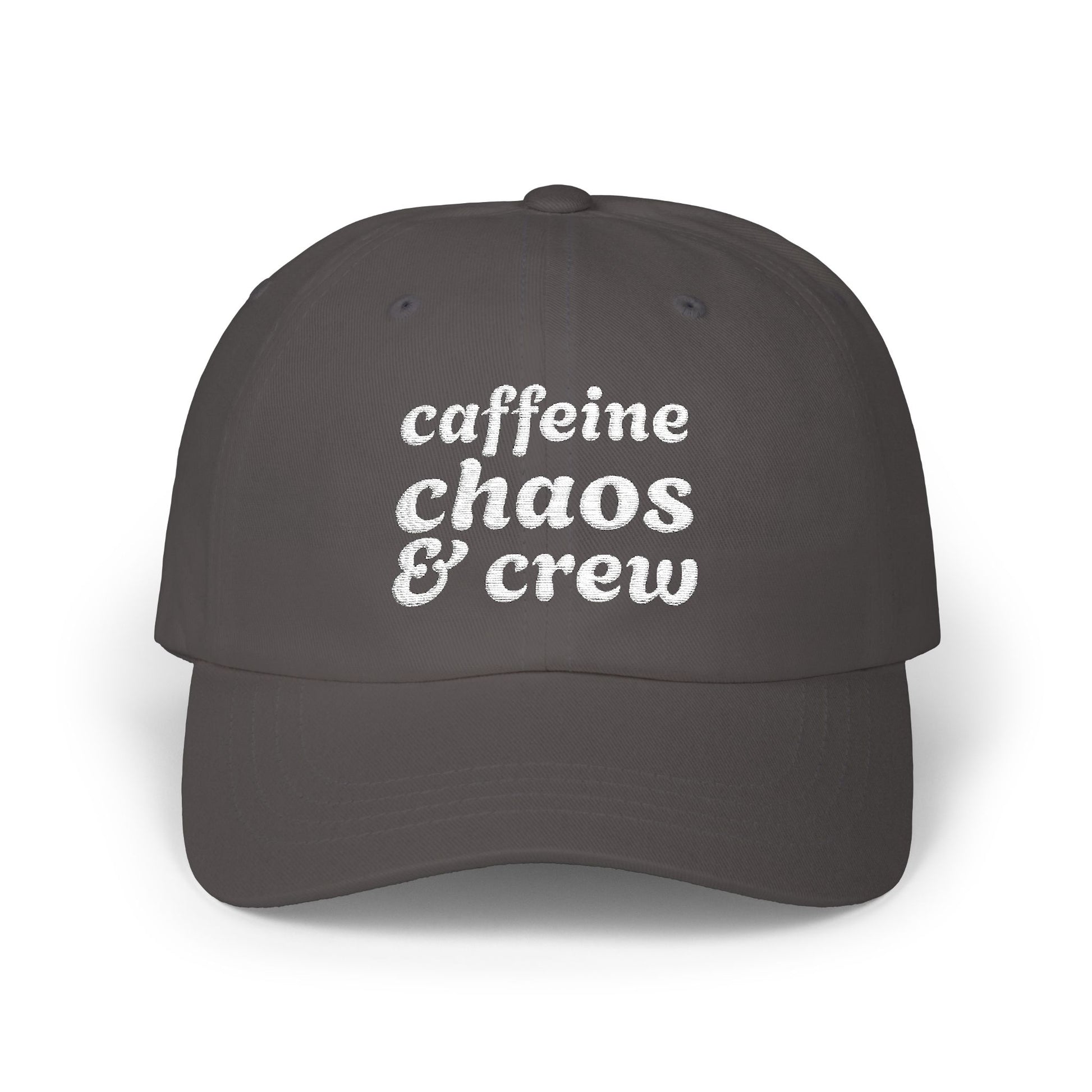 Black cap with 'cafeine chaos & crew' text on a white background
