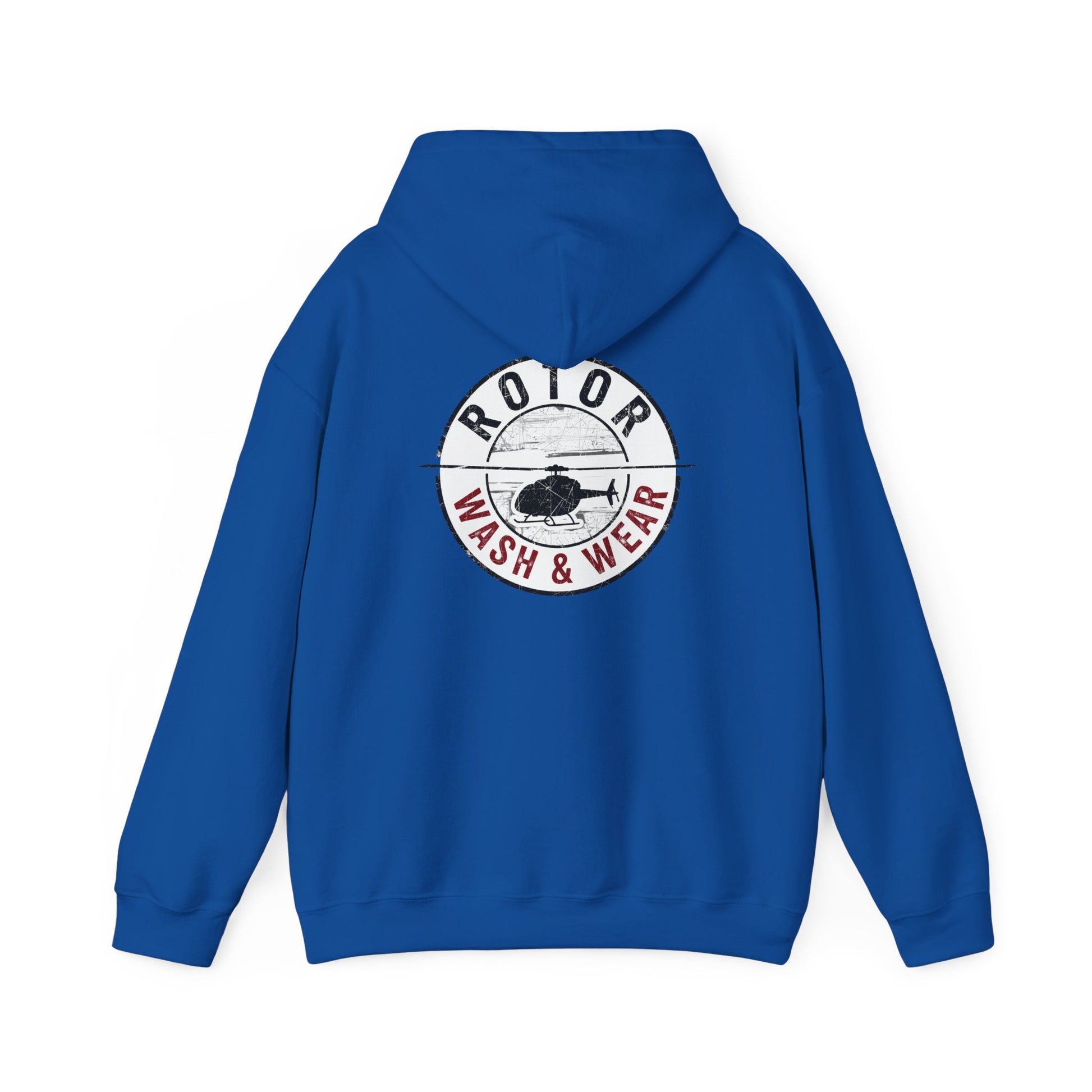 Blue hoodie with 'Rotor Wash & Wear' logo on the back against a white background
