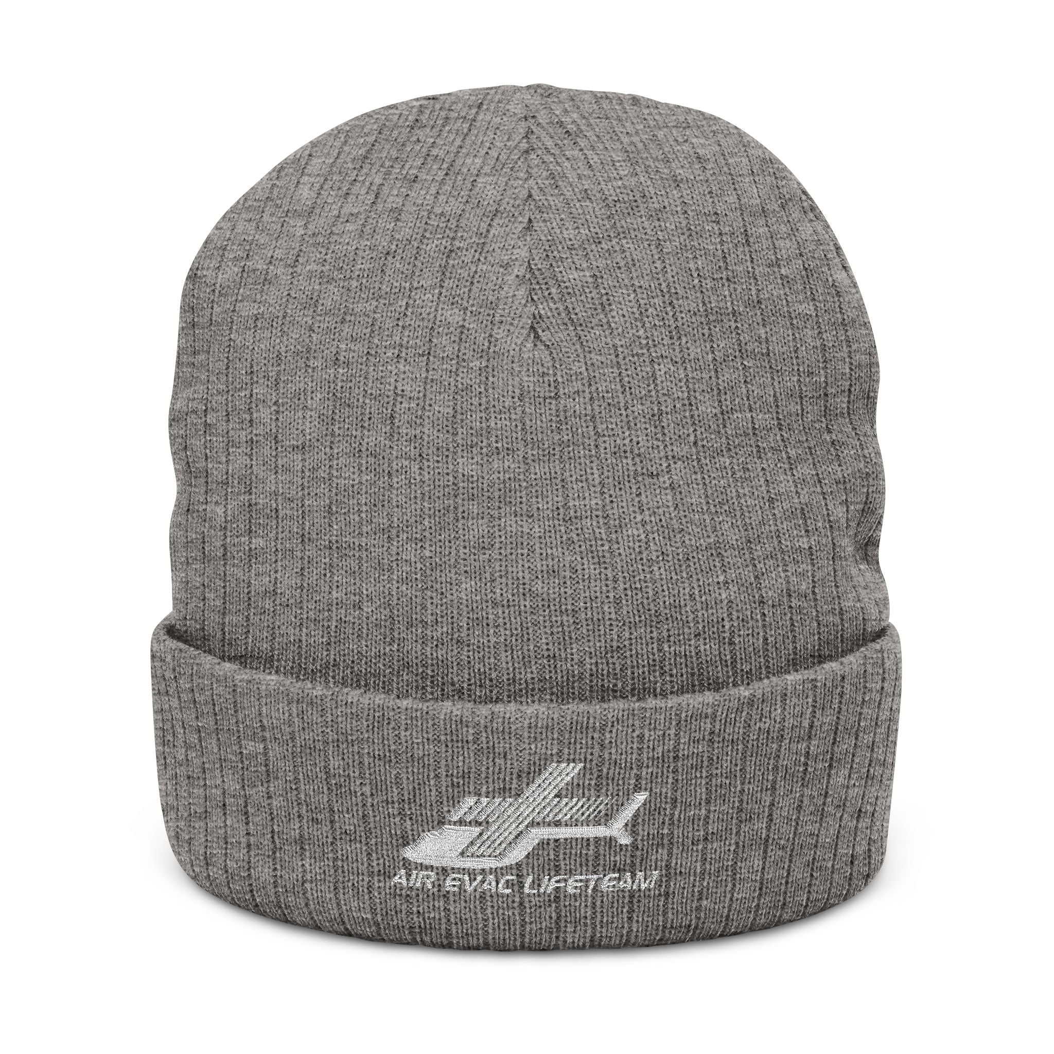 Gray knit beanie with 'Air Evac Lifeteam' logo embroidery on a white background