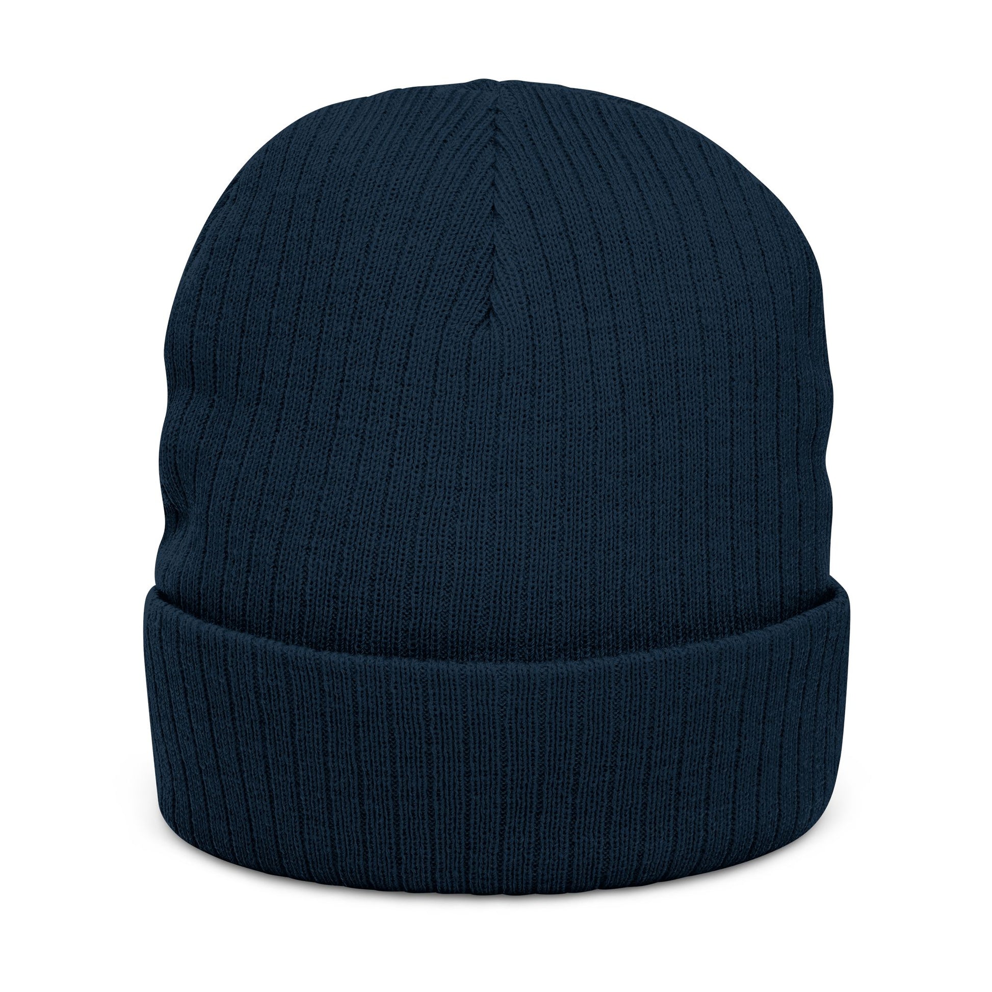 Navy blue knit beanie on a white background