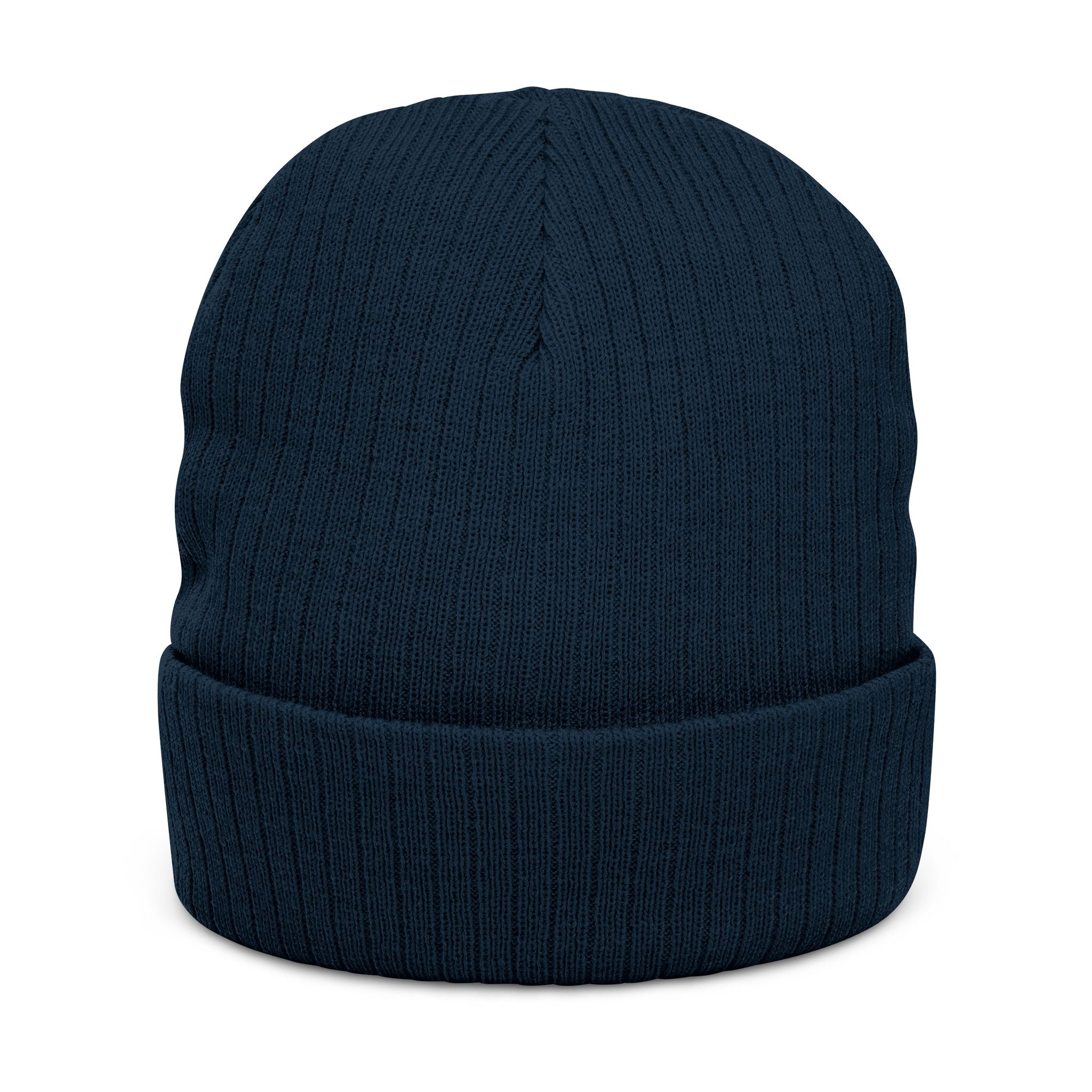 Navy blue knit beanie on a white background