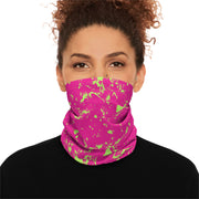 Person wearing a hot pink neck gaiter with neon green splatter pattern by Rotor Wash & Wear
