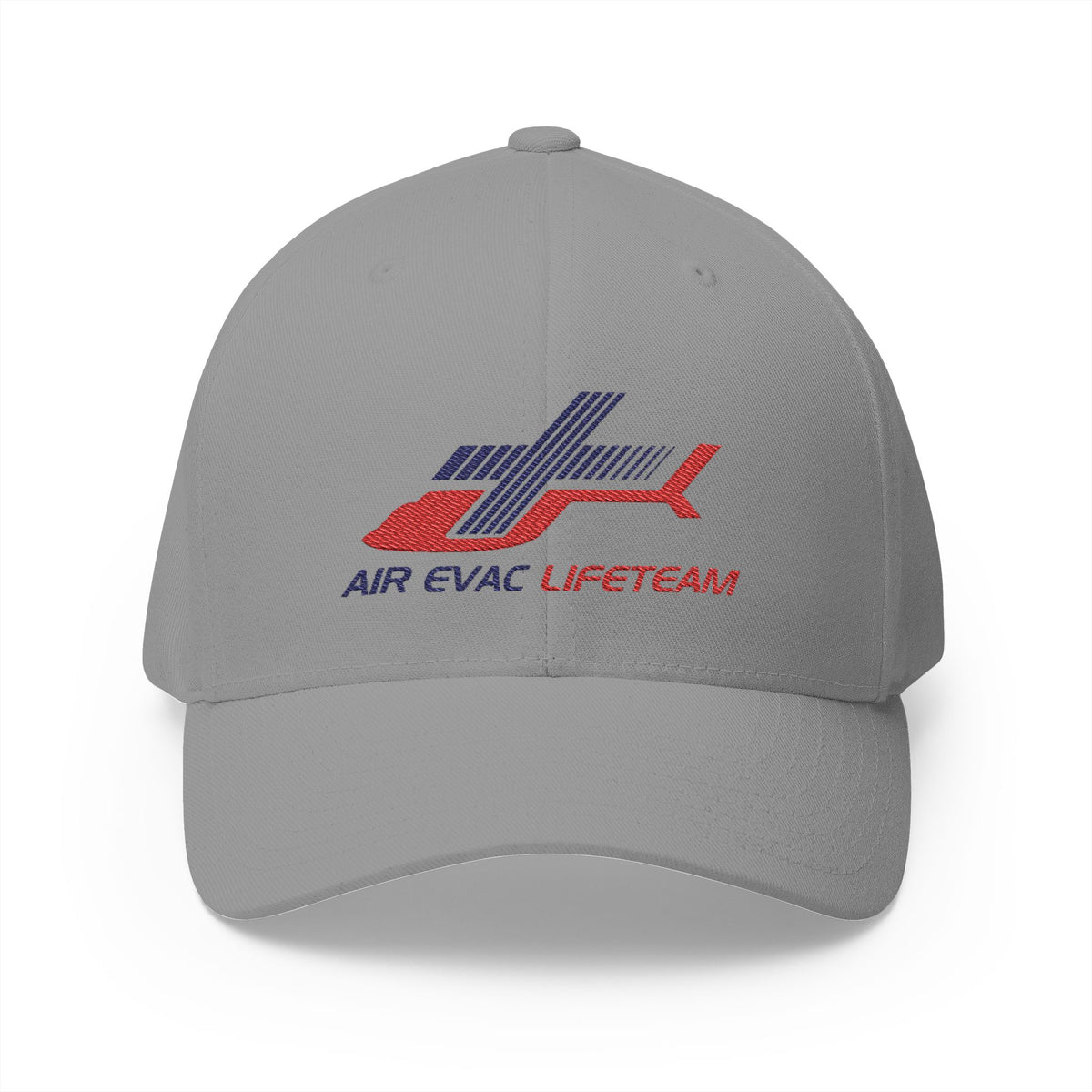A gray baseball cap featuring a red and navy blue stylized helicopter logo with the text 'AIR EVAC LIFETEAM' embroidered on the front, set against a plain white background.