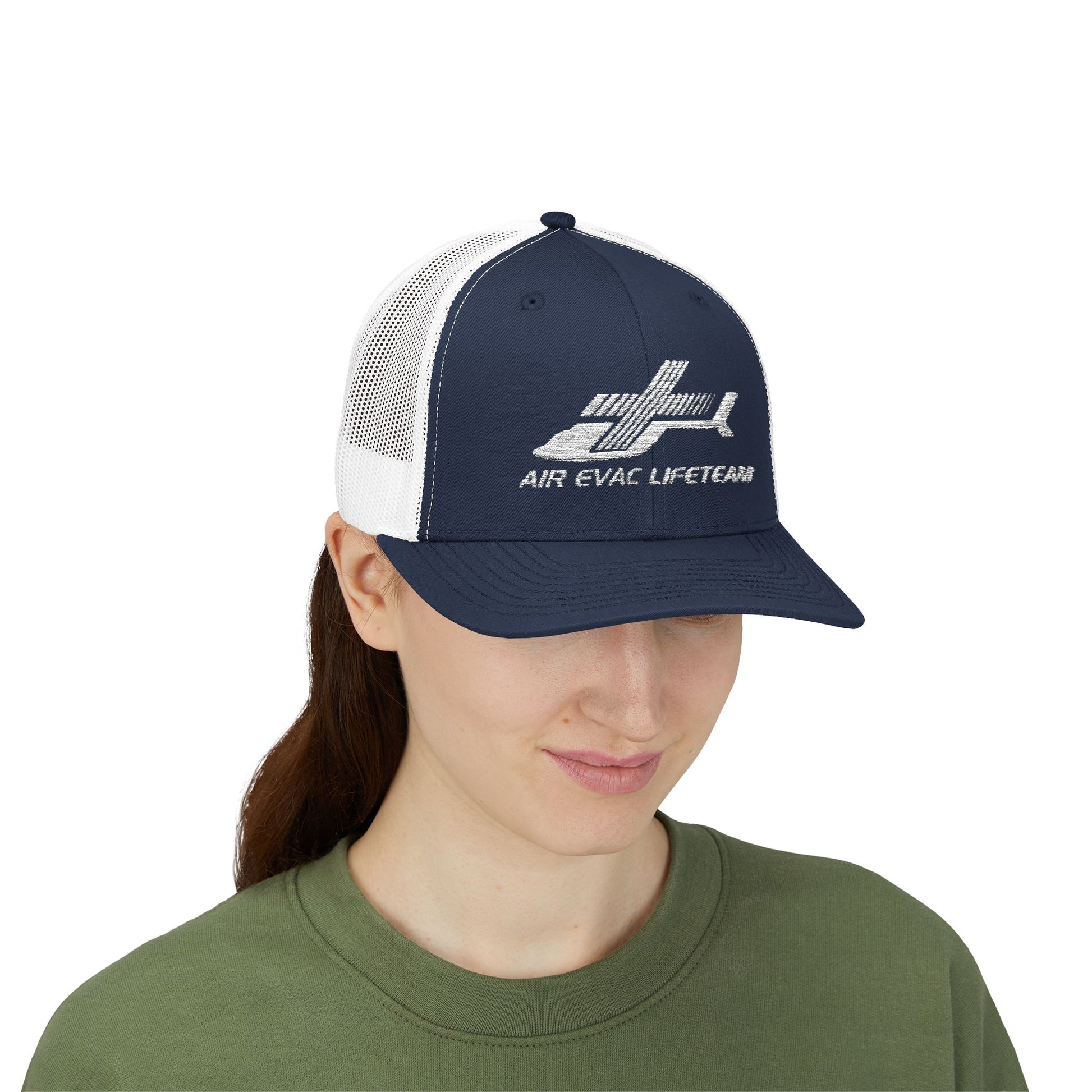 Person wearing a navy and white cap with 'Air Evac Lifeteam' logo on a white background