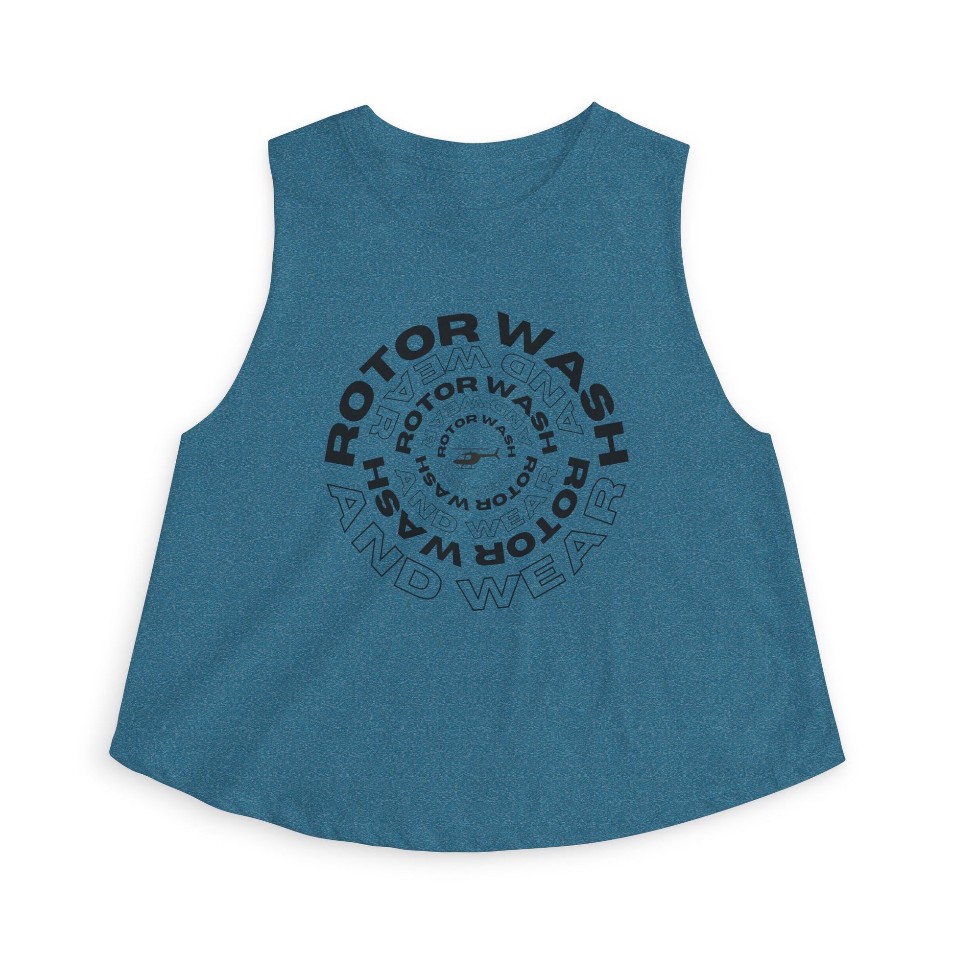 Blue tank top with 'Rotor Wash & Wear' circle logo design on a white background