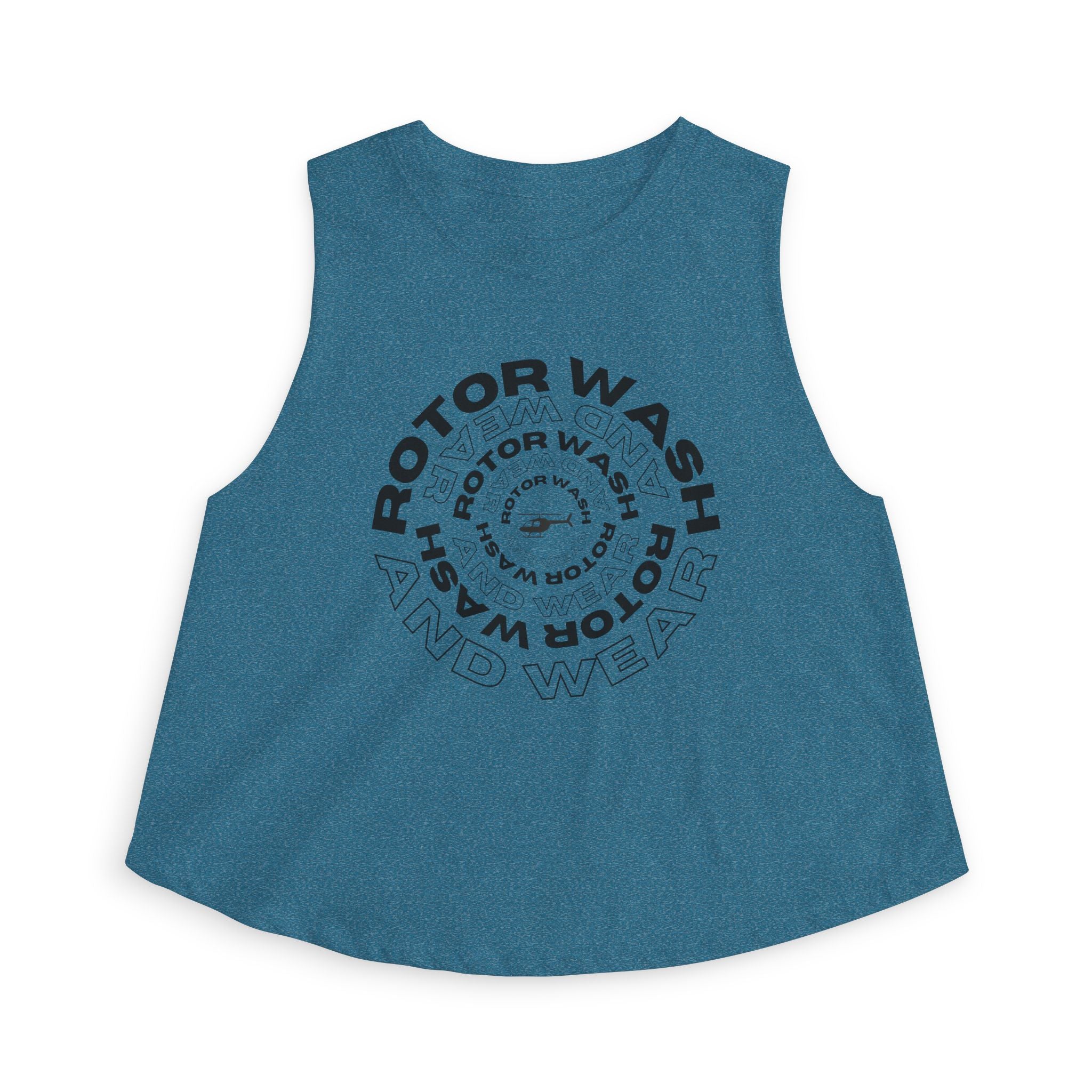 Blue tank top with 'Rotor Wash & Wear' circle logo design on a white background