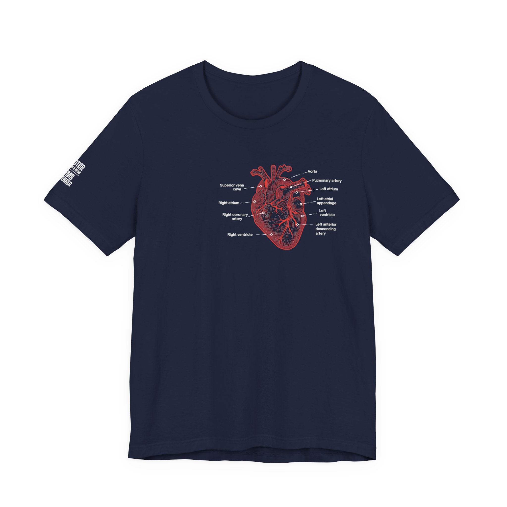 Navy t-shirt with a red anatomical heart design by Rotor Wash & Wear and EMS Avenger