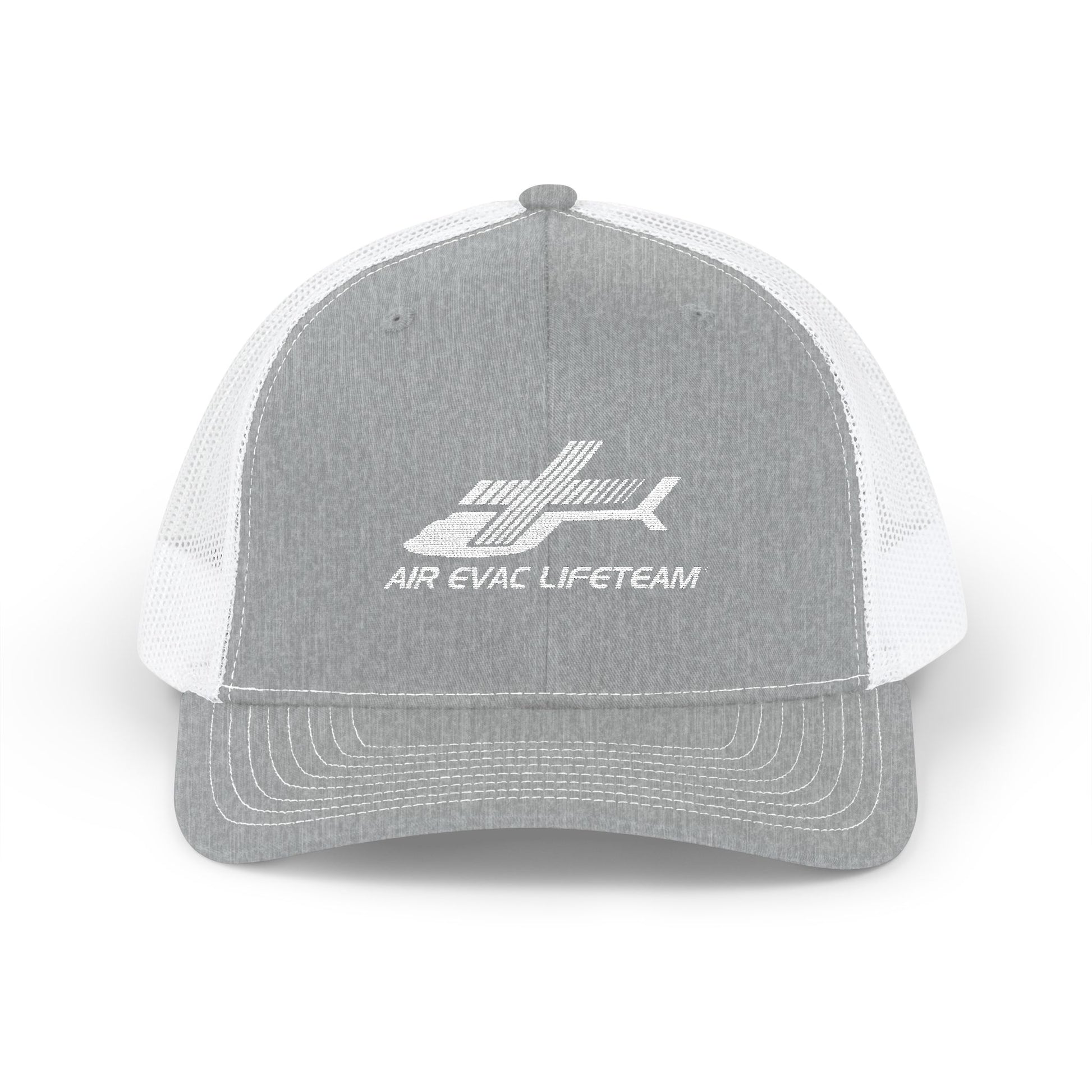 Gray and white Richardson 112 trucker hat with 'Air Evac Lifeteam' logo by Rotor Wash & Wear