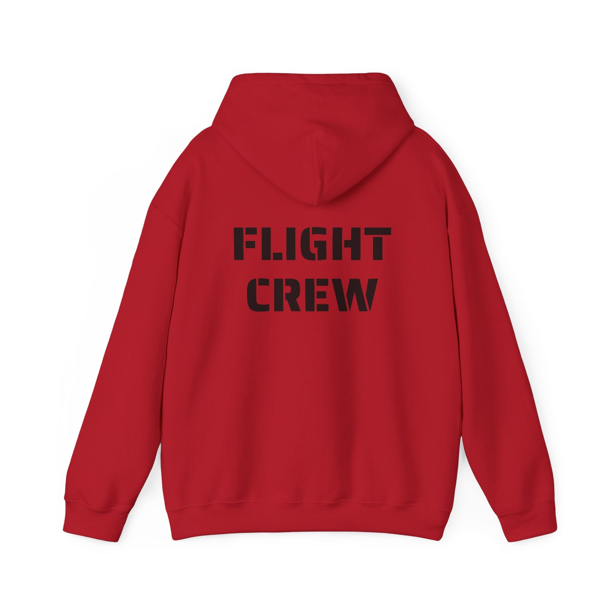 Red hoodie with 'FLIGHT CREW' text on the back against a white background