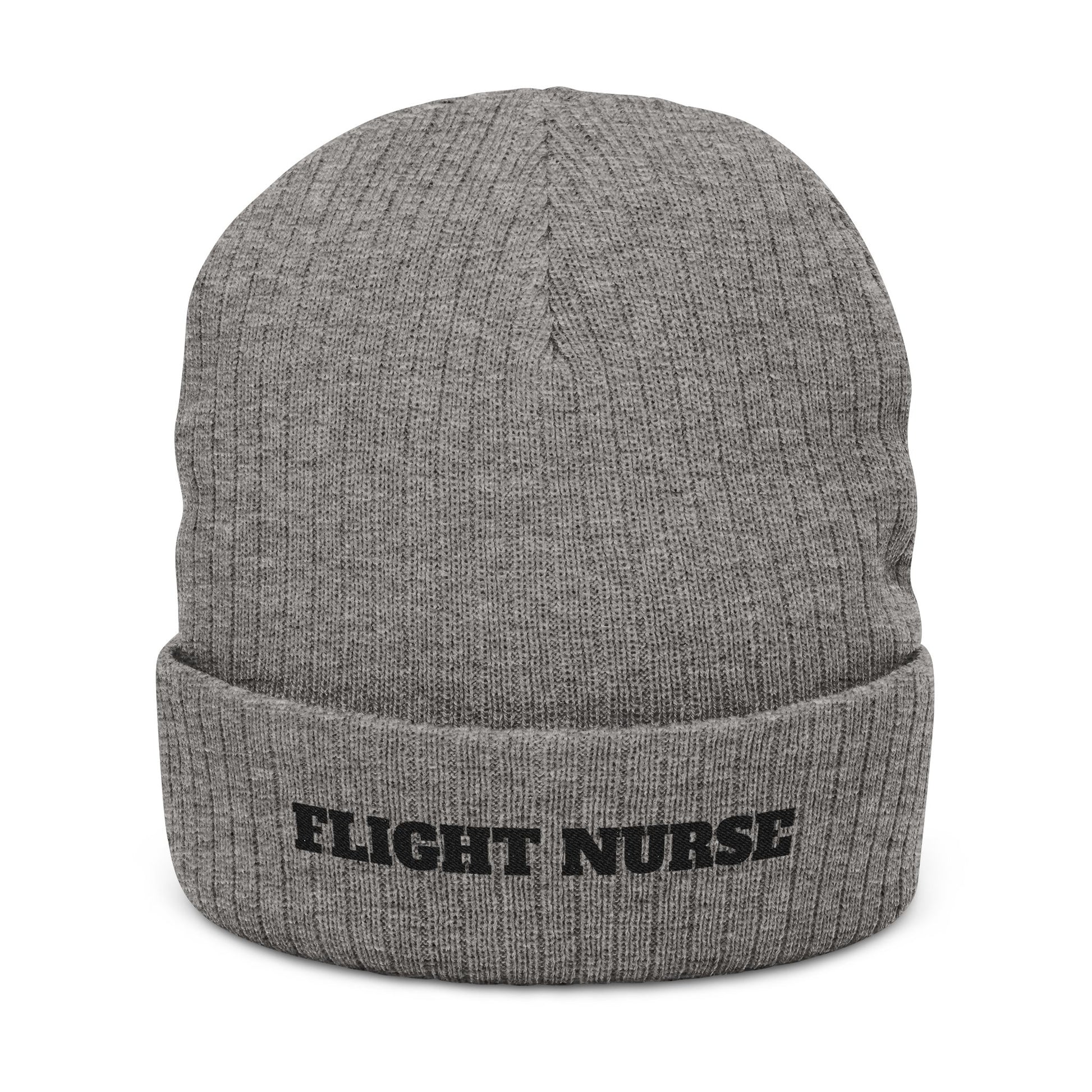 Gray beanie with 'FLIGHT NURSE' text on a white background