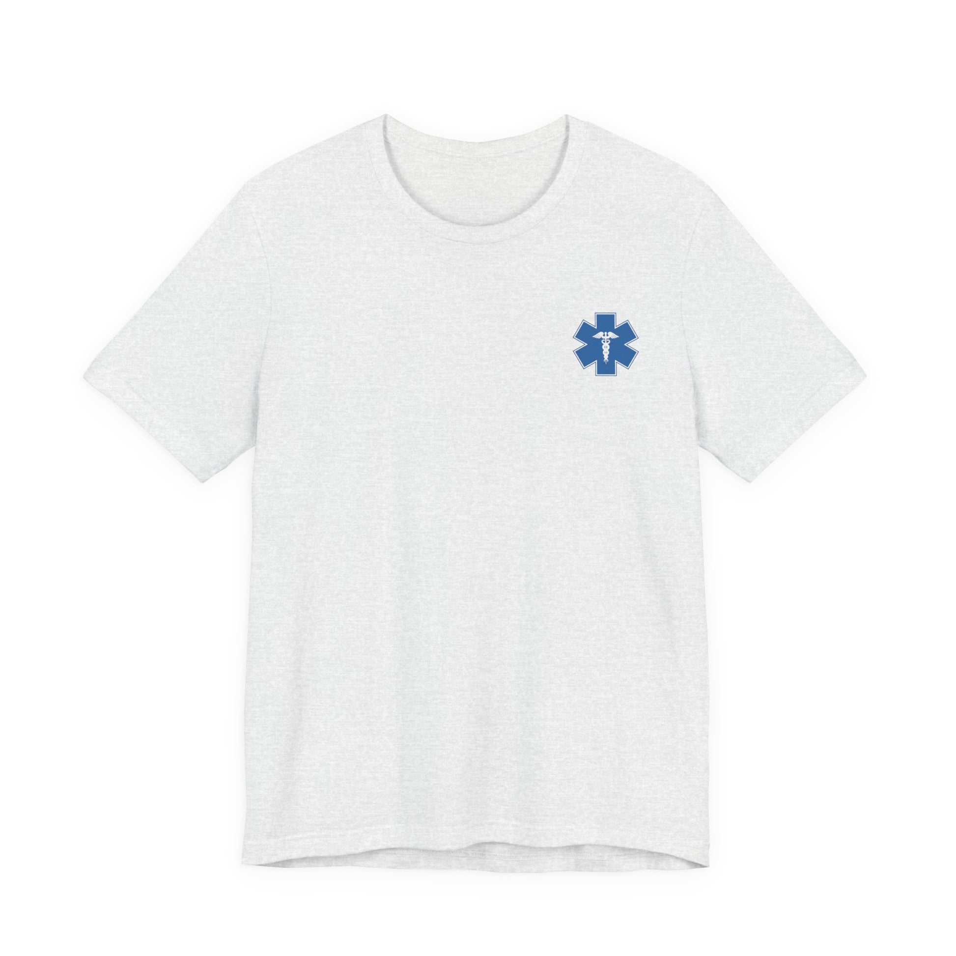 Heather cement t-shirt with a blue logo of the Star of Life on a white background
