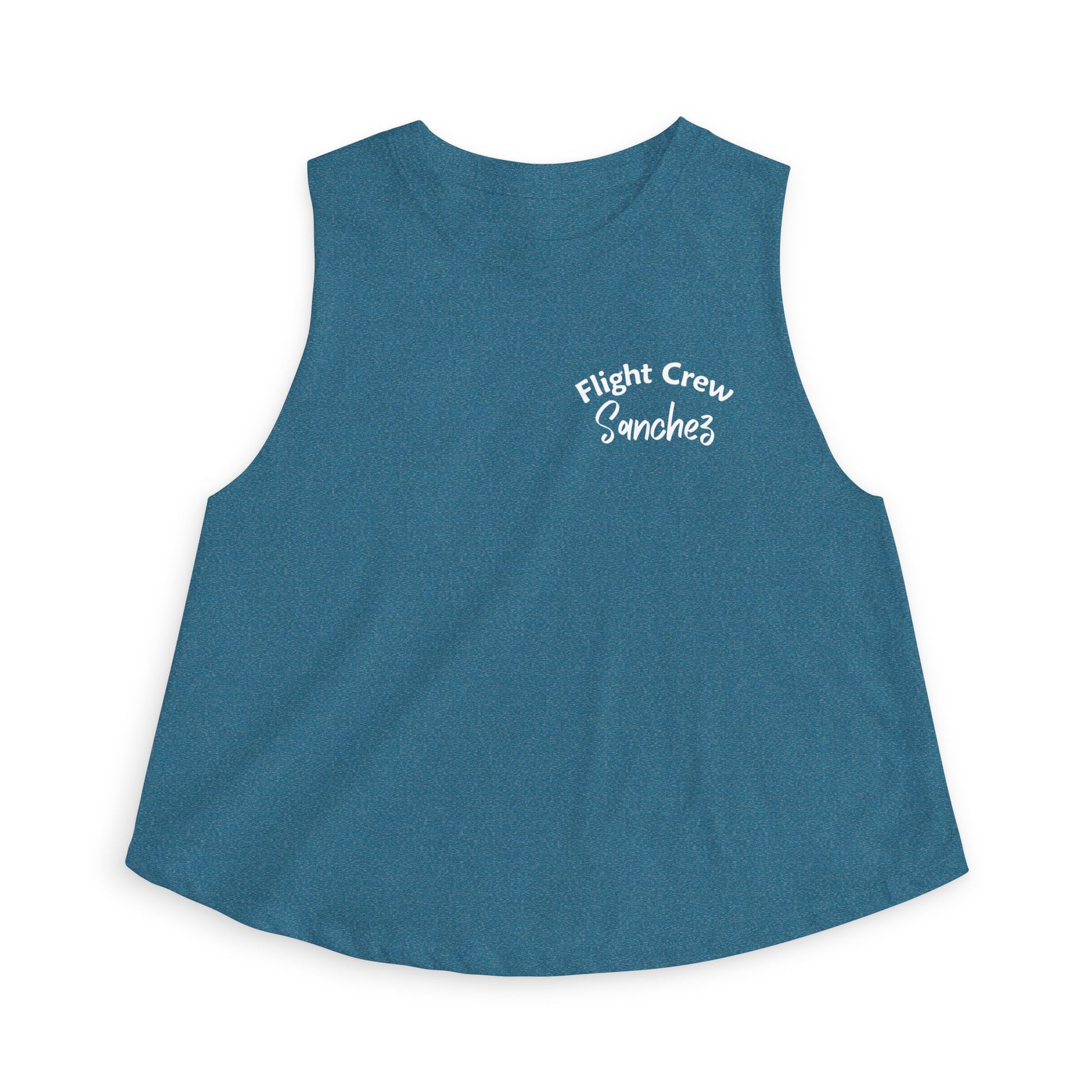 Blue sleeveless shirt with 'Flight Crew Sanchez' text by Rotor Wash & Wear