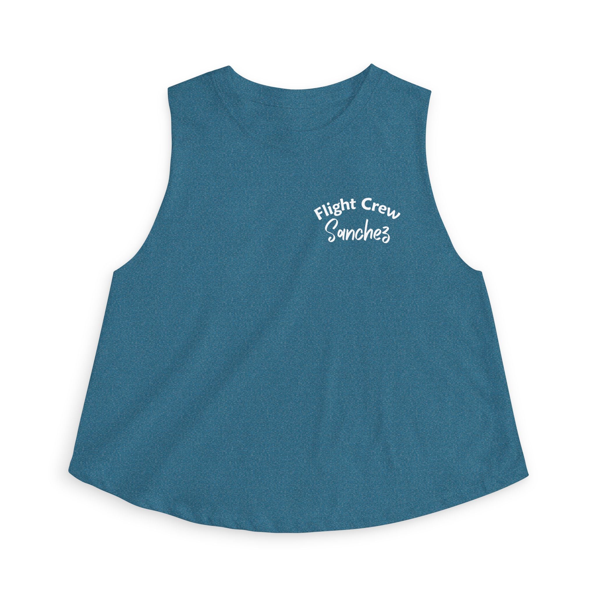 Blue sleeveless shirt with 'Flight Crew Sanchez' text by Rotor Wash & Wear
