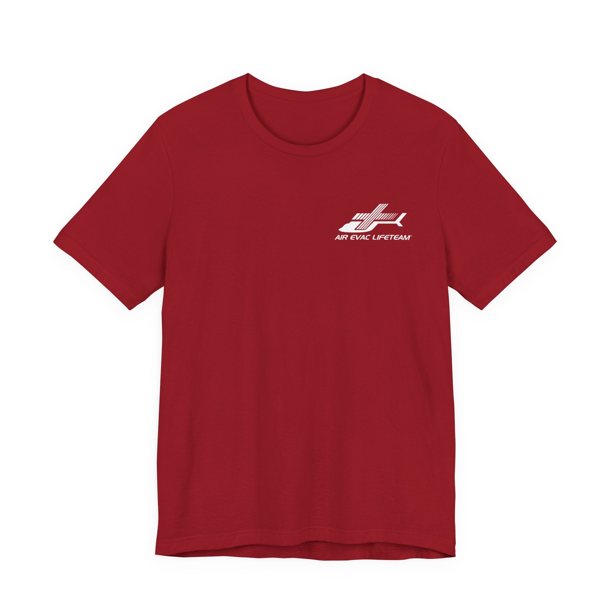 Red t-shirt with a white Air Evac Lifeteam logo on a white background