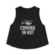 Black sleeveless top with helicopter graphic and 'Coming in Hot' text by Rotor Wash & Wear