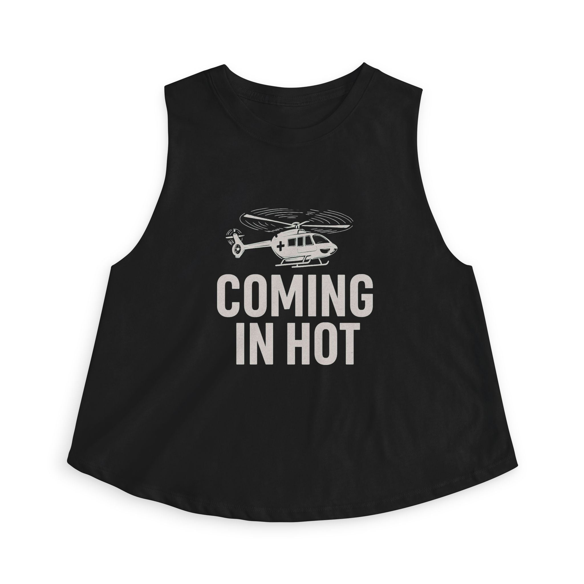 Black sleeveless top with helicopter graphic and 'Coming in Hot' text by Rotor Wash & Wear