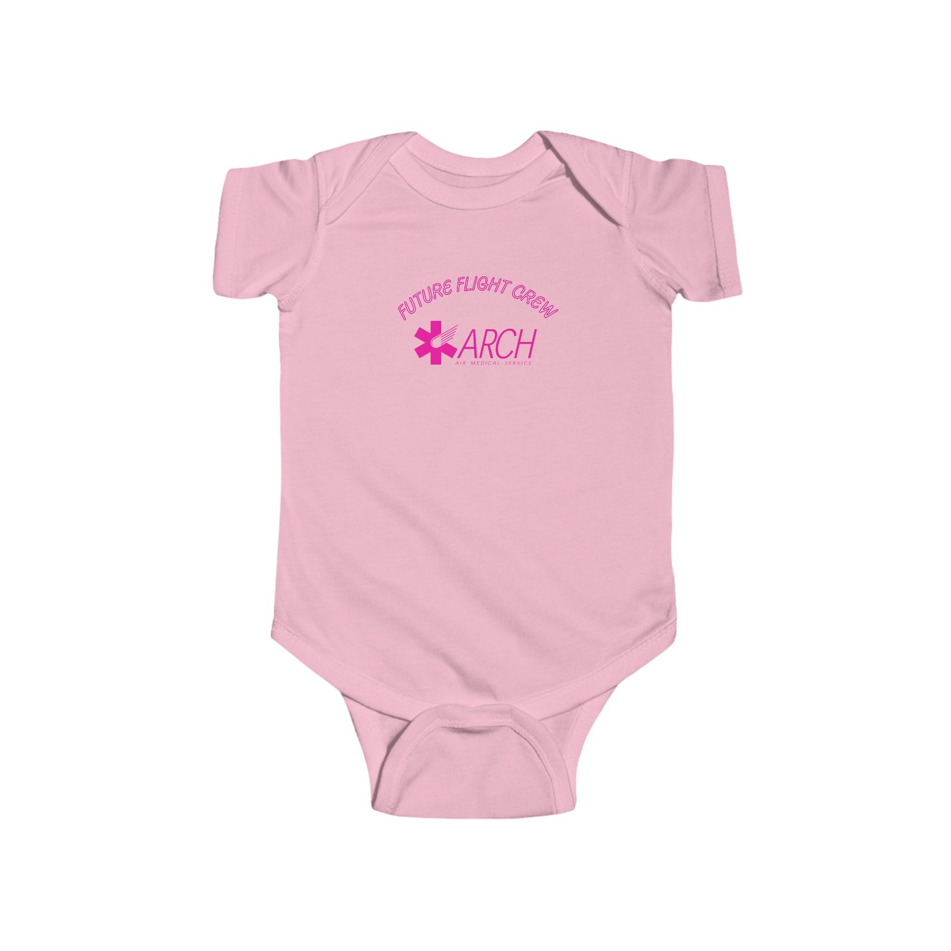 Pink baby onesie with ARCH by Air Methods logo and text "Future Flight Crew" by Rotor Wash & Wear