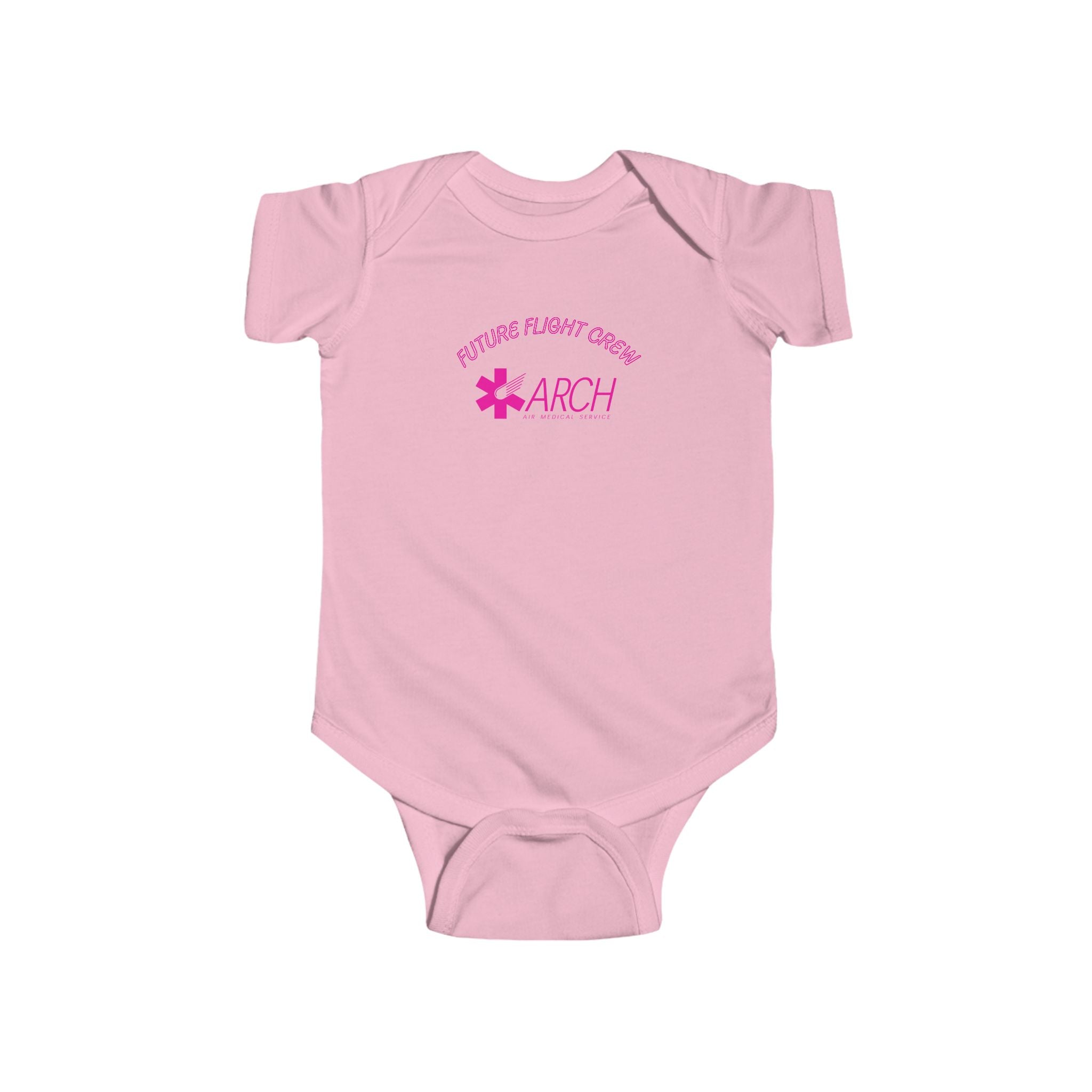 Pink baby onesie with ARCH by Air Methods logo and text "Future Flight Crew" by Rotor Wash & Wear