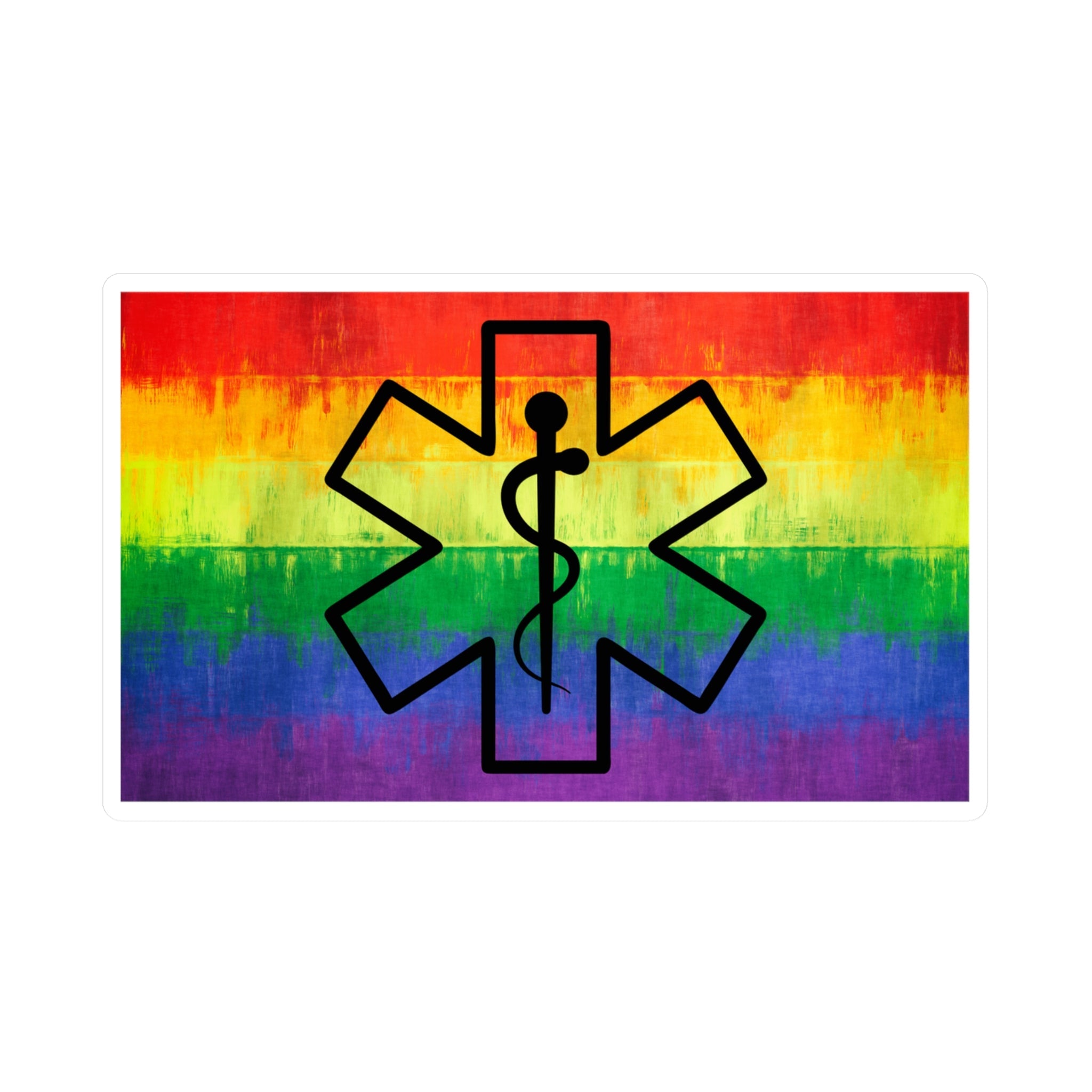 Sticker of rainbow Pride flag with a black star of life symbol by Rotor Wash & Wear