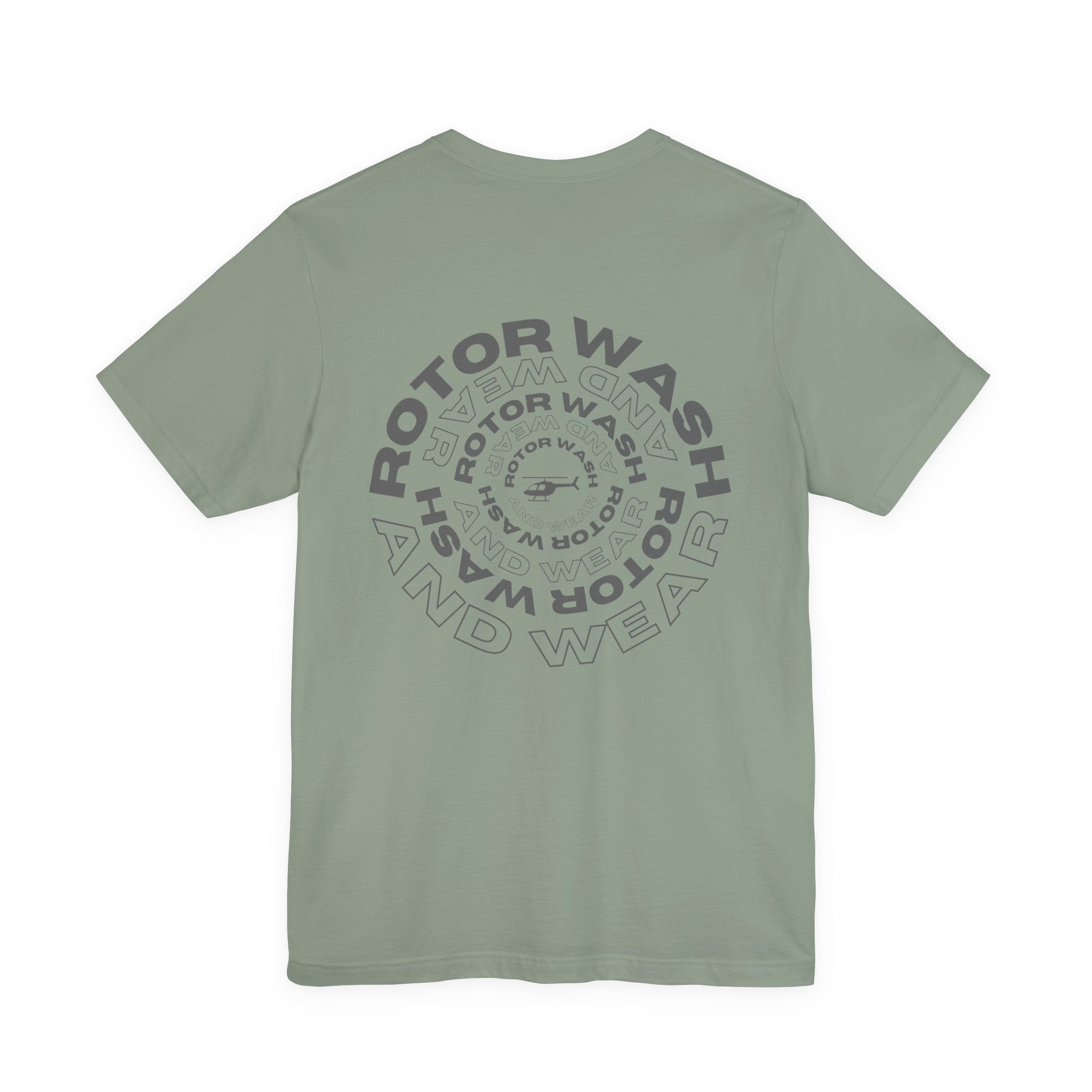 Sage t-shirt with 'Rotor Wash and Wear' circular design text design on a white background